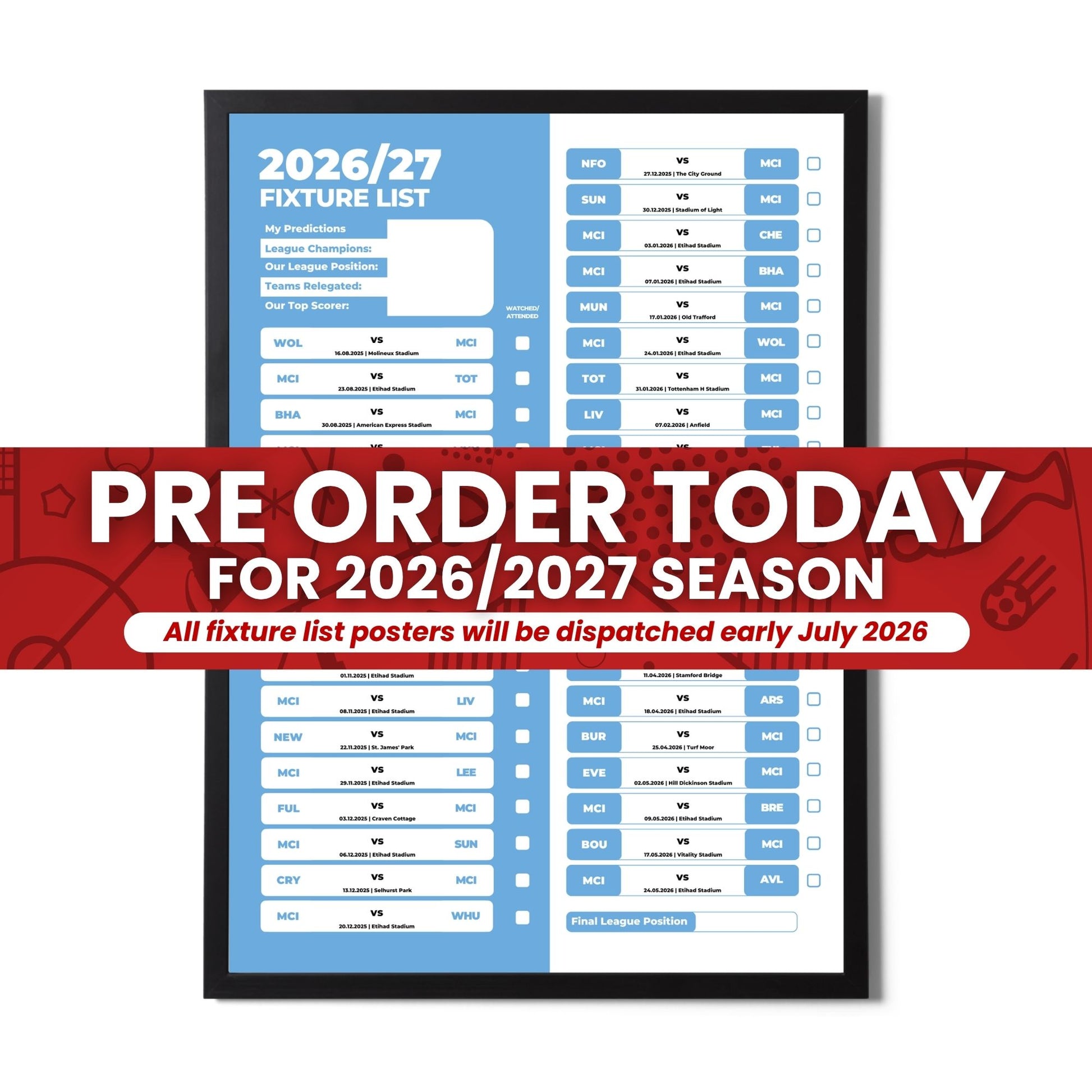 Pre Order Premier League Clubs - 2026/27 Fixture Poster