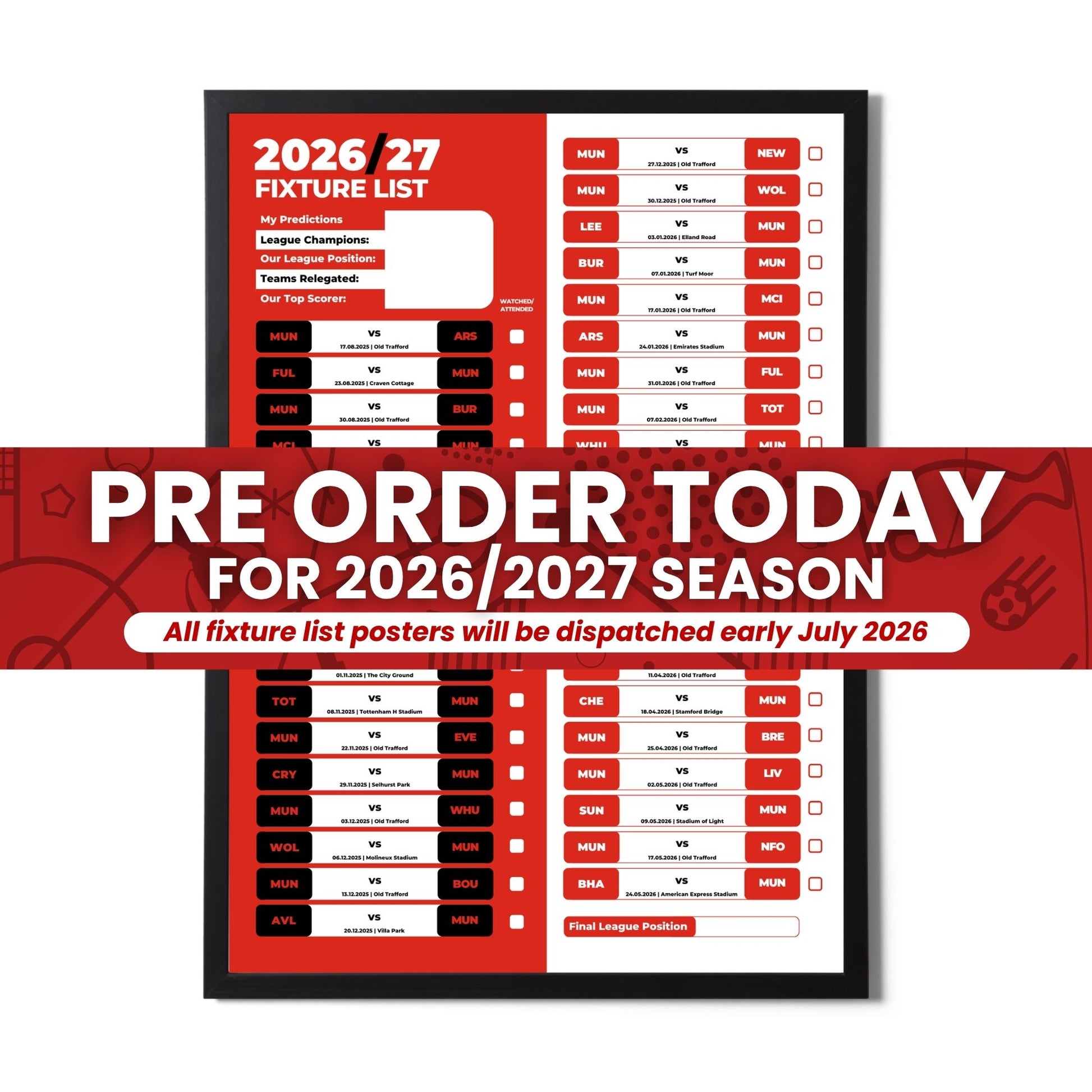 Pre Order Premier League Clubs - 2026/27 Fixture Poster