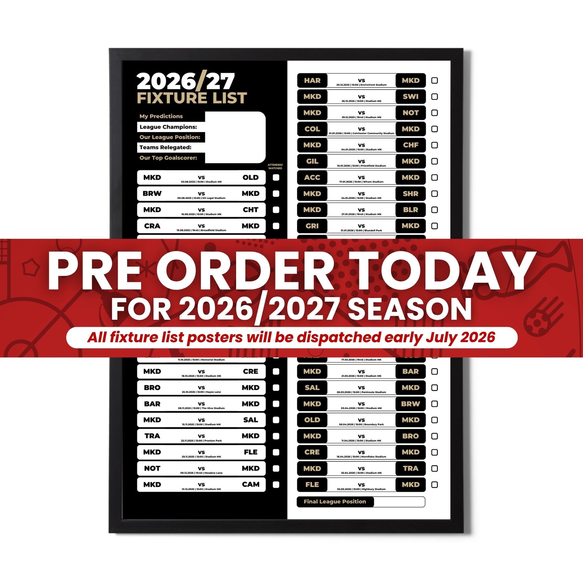 League 1 Clubs - 2026/27 Football Fixture Poster - Multiple Sizes