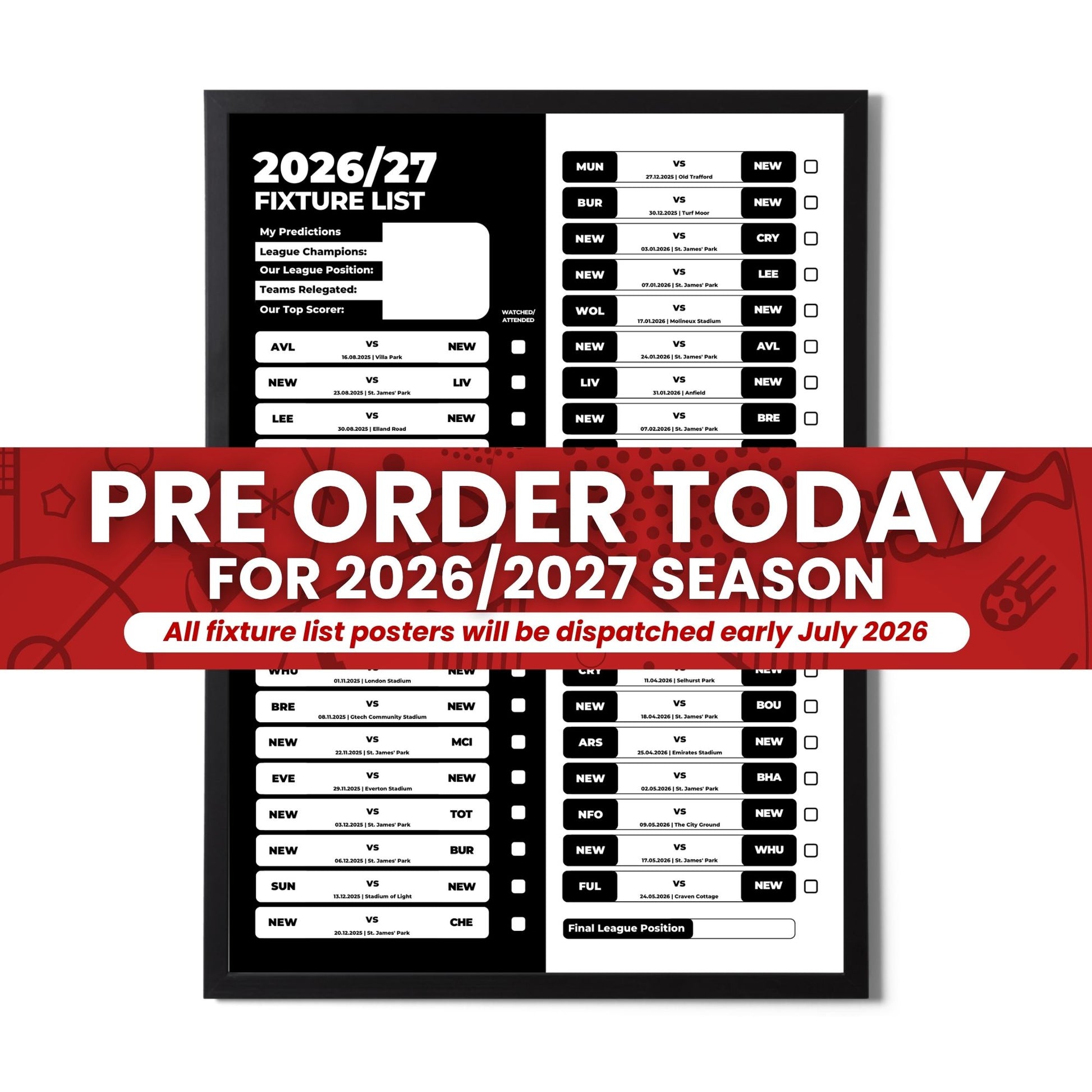 Pre Order Premier League Clubs - 2026/27 Fixture Poster