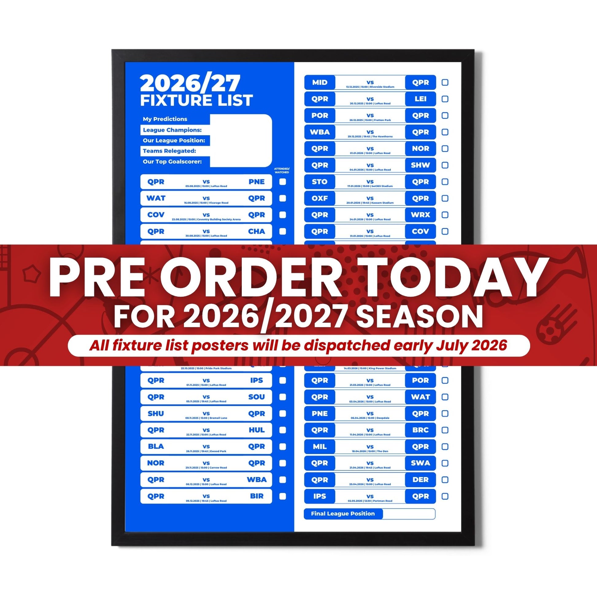 Pre Order Championship Clubs - 2026/27 Fixture Poster