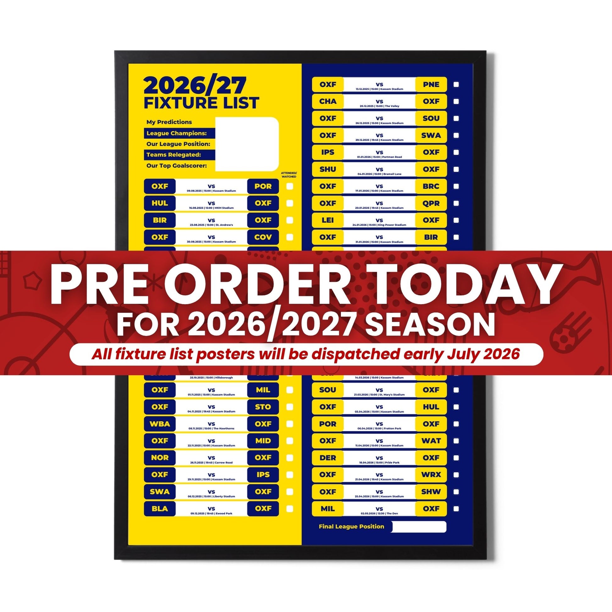 League 1 Clubs - 2026/27 Football Fixture Poster - Multiple Sizes