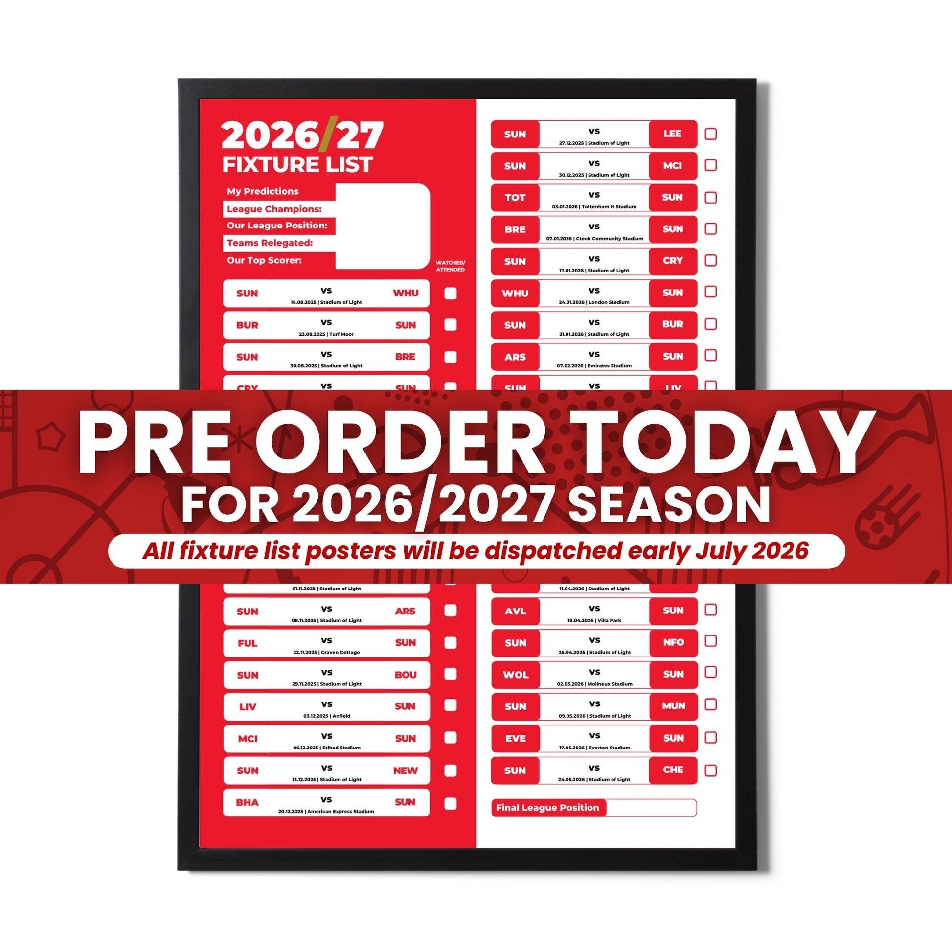 Pre Order Premier League Clubs - 2026/27 Fixture Poster