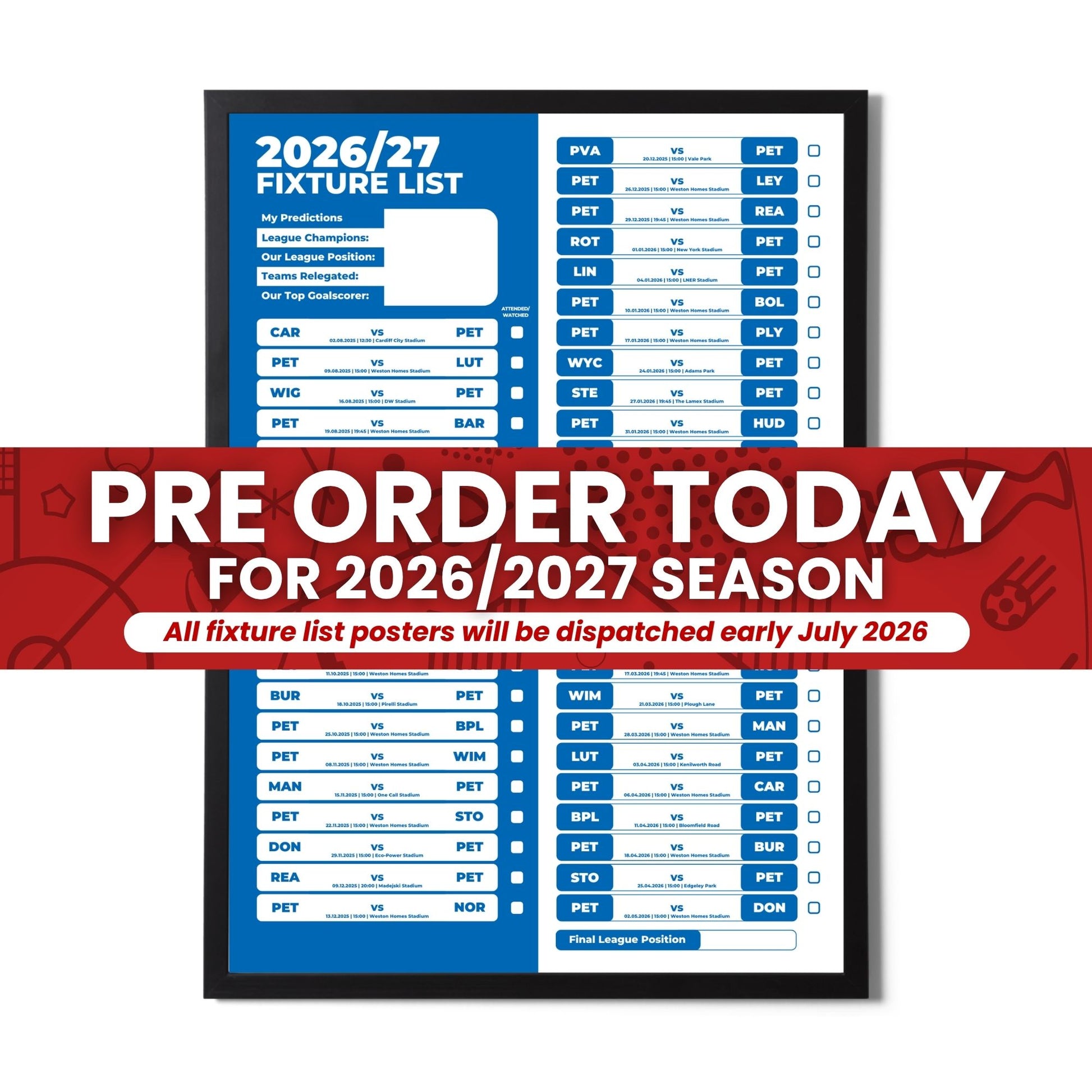 League 1 Clubs - 2026/27 Football Fixture Poster - Multiple Sizes