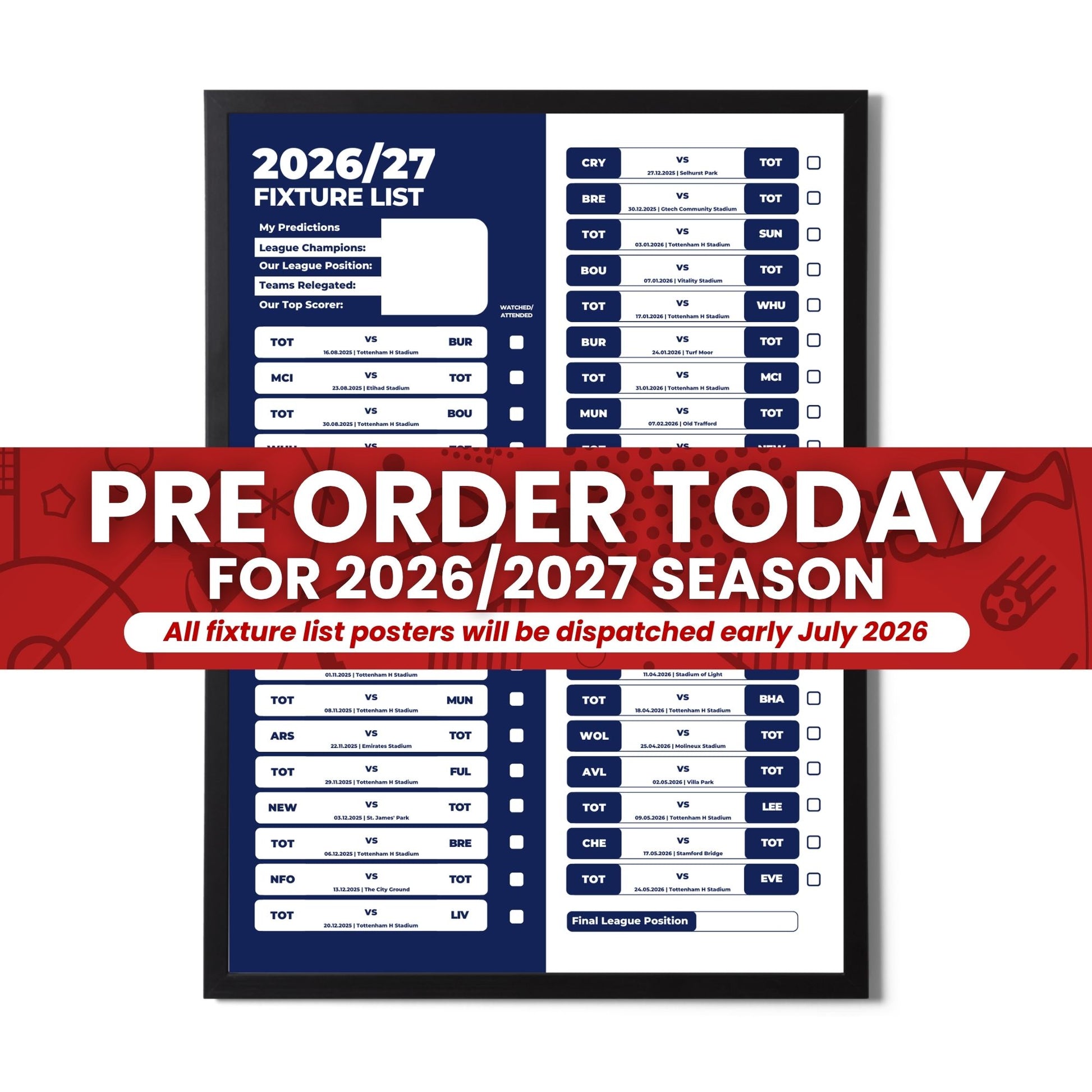 Pre Order Premier League Clubs - 2026/27 Fixture Poster