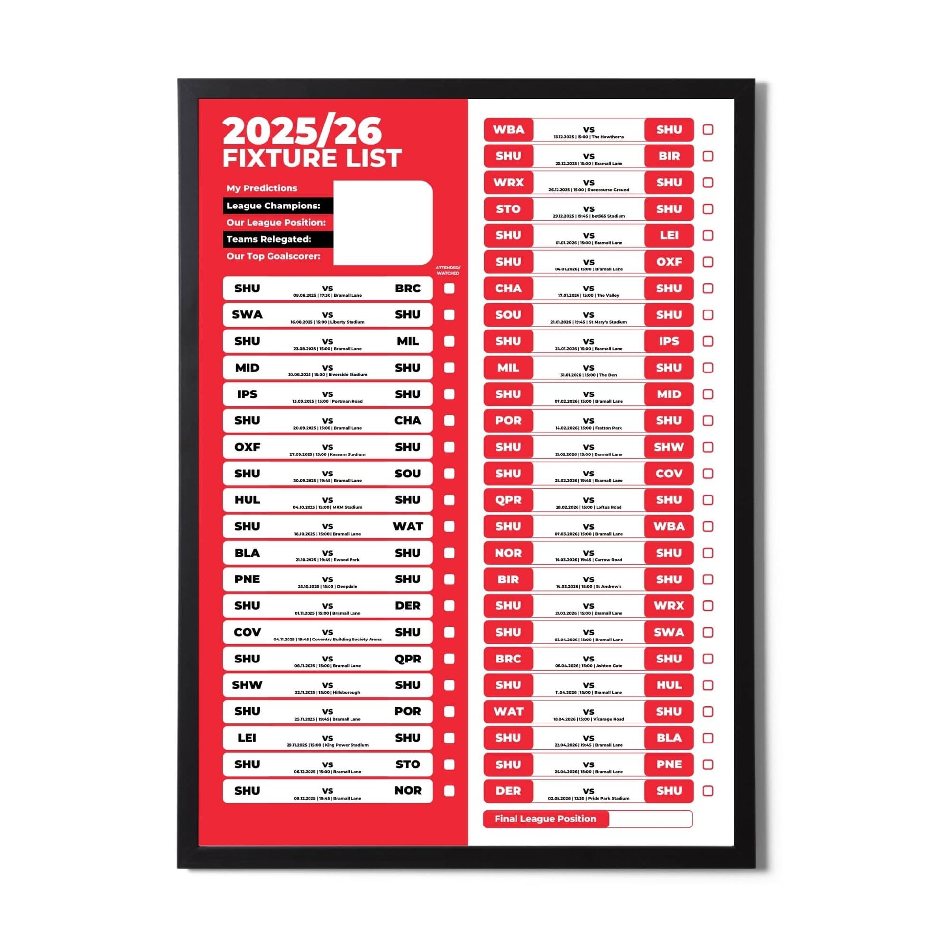 Championship Clubs - 2025/26 Football Fixture Poster - A3 Size (29.7x42cm)