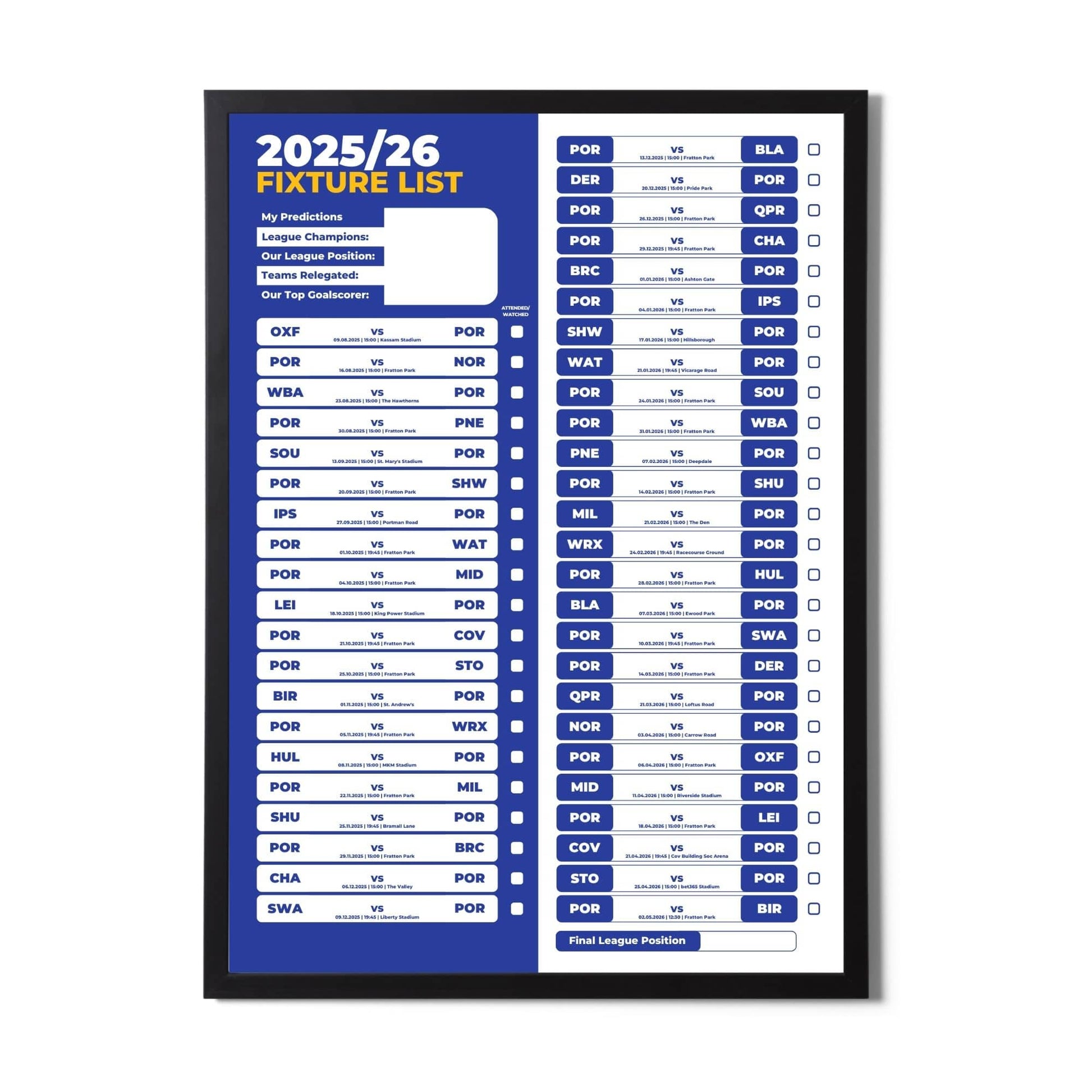 Championship Clubs - 2025/26 Football Fixture Poster - A3 Size (29.7x42cm)