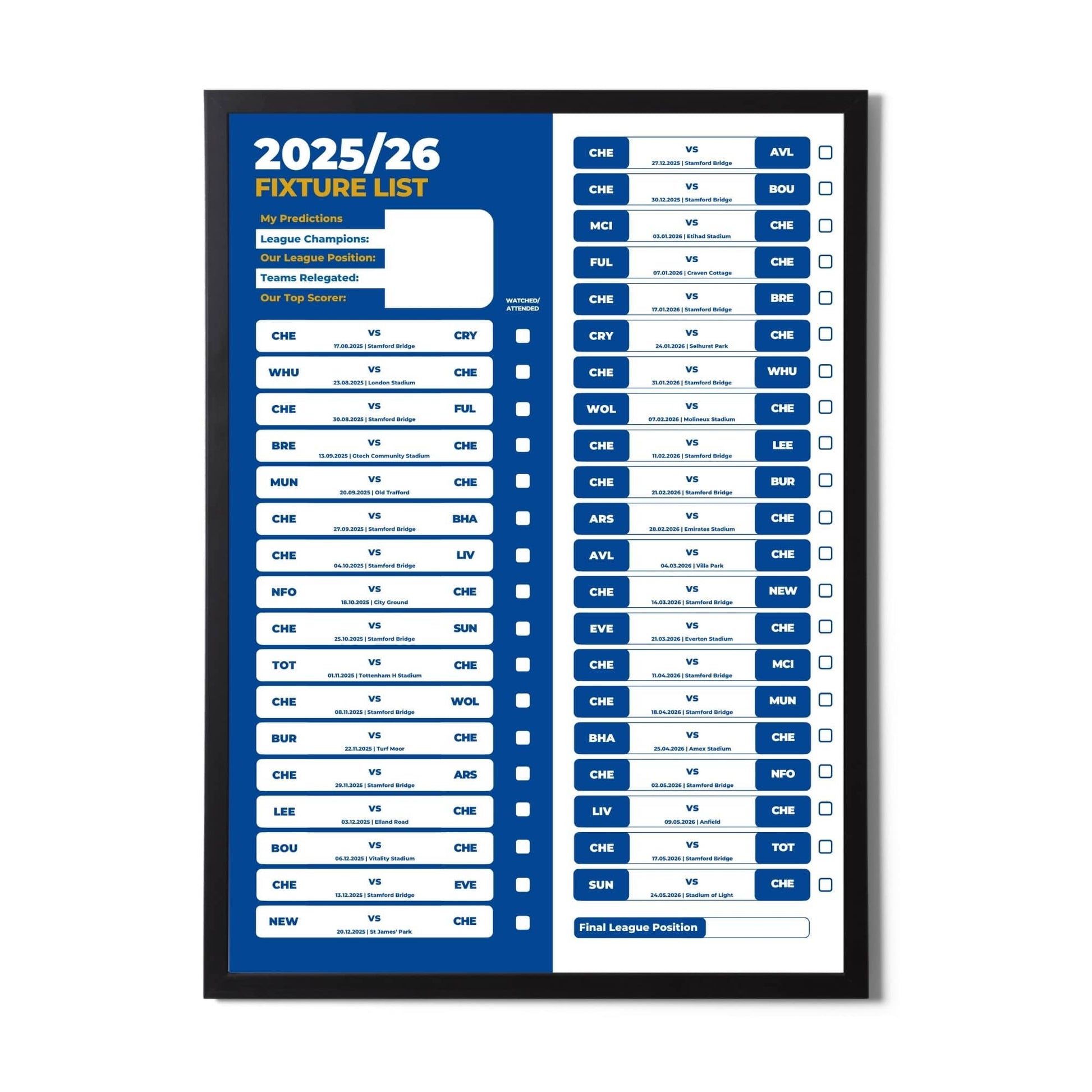 Premier League Clubs - 2025/26 Football Fixture Poster - A3 Size (29.7x42cm)