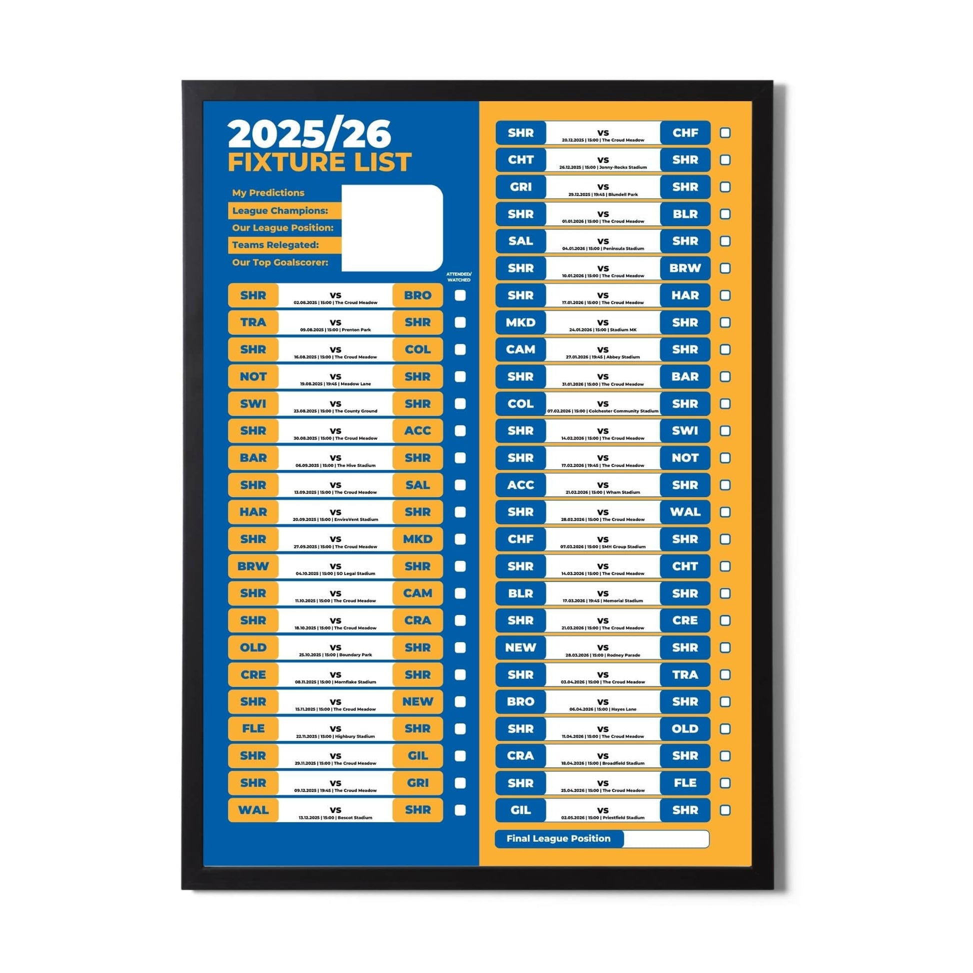 League 2 Clubs - 2025/26 Football Fixture Poster - A3 Size (29.7x42cm)
