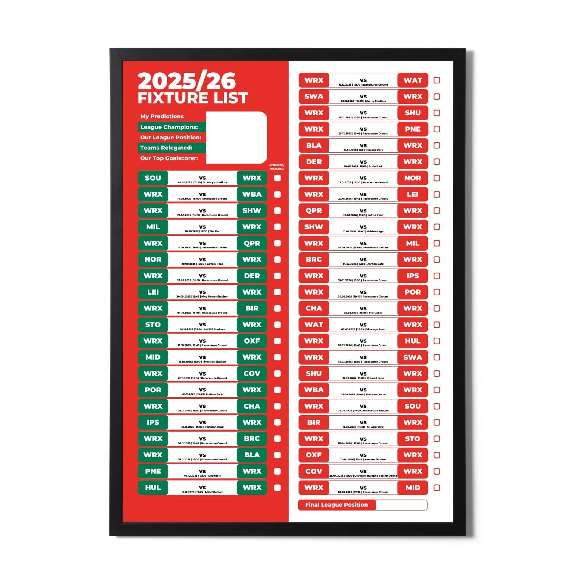 Championship Clubs - 2025/26 Football Fixture Poster - A3 Size (29.7x42cm)