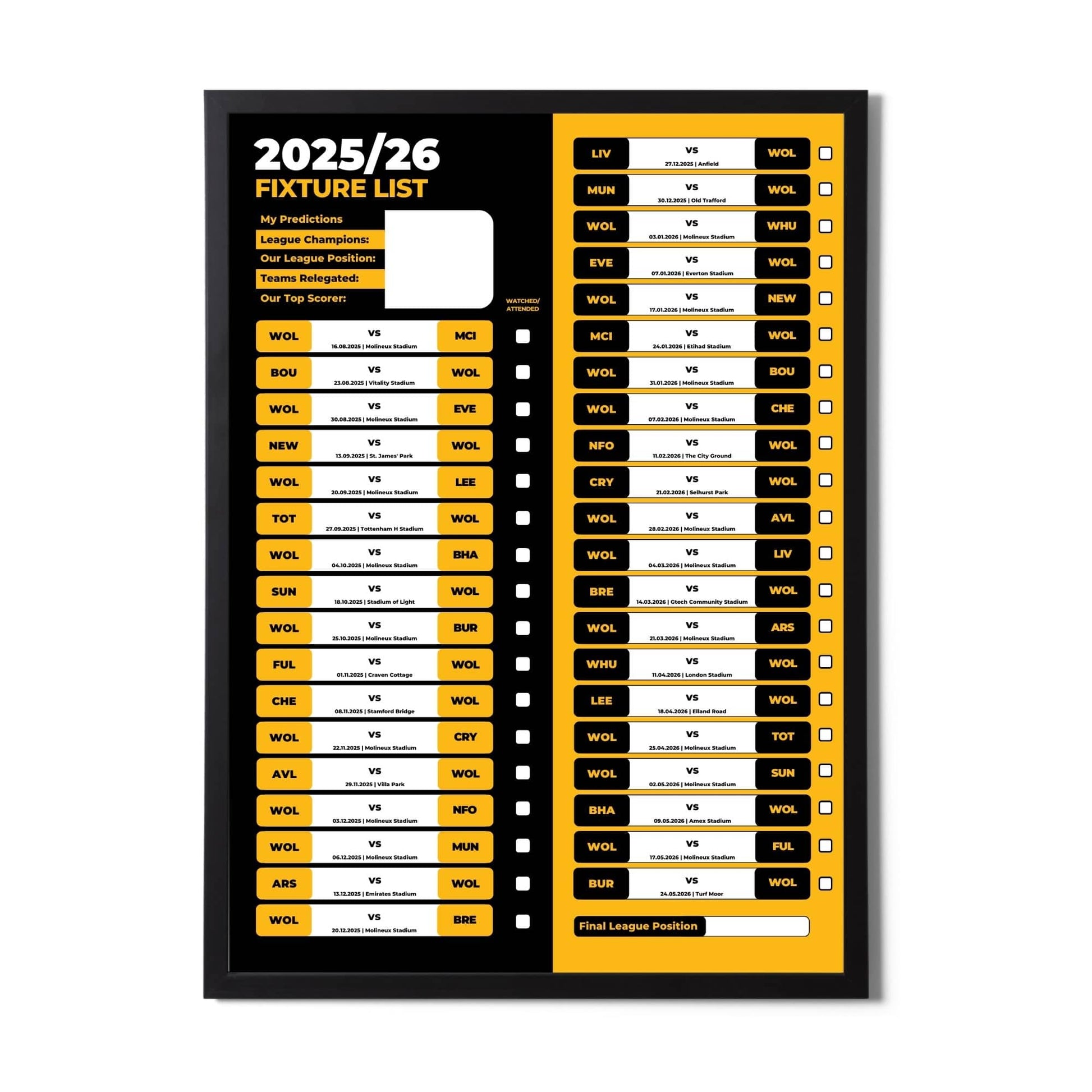 Premier League Clubs - 2025/26 Football Fixture Poster - A3 Size (29.7x42cm)