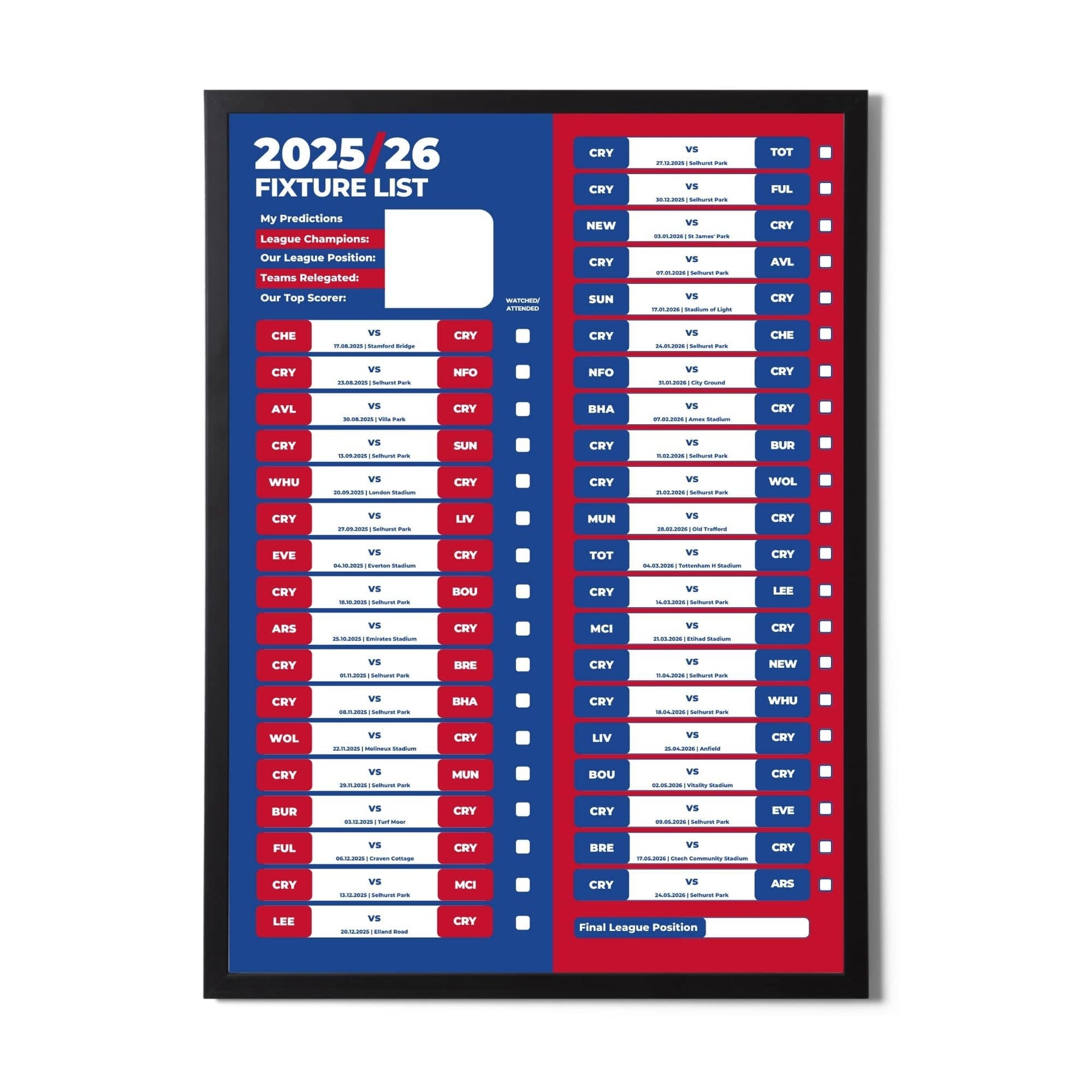 Premier League Clubs - 2025/26 Football Fixture Poster - A3 Size (29.7x42cm)