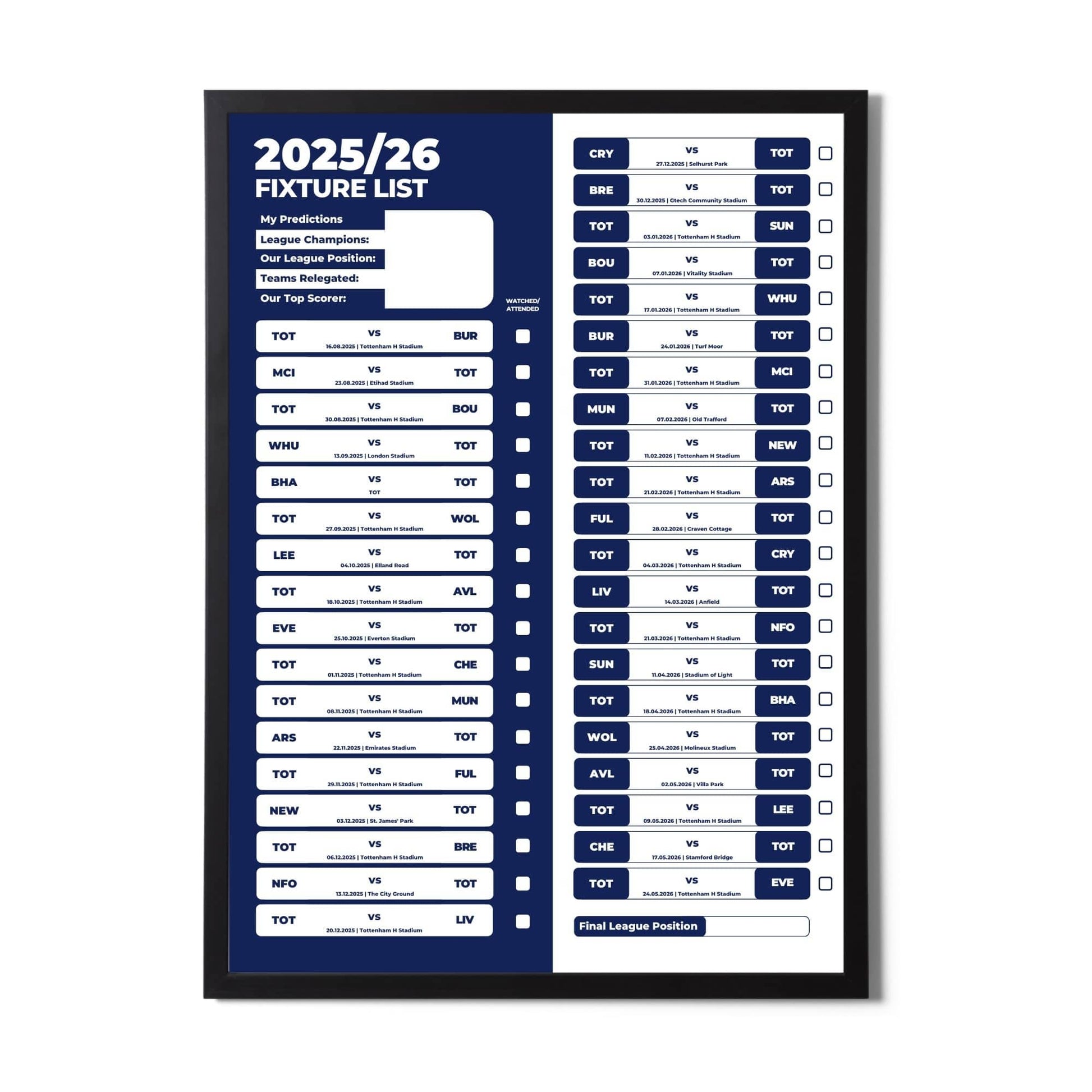 Premier League Clubs - 2025/26 Football Fixture Poster - A3 Size (29.7x42cm)