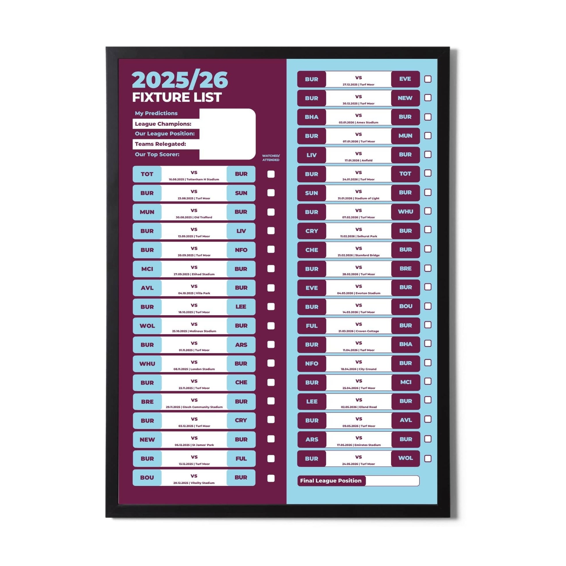 Premier League Clubs - 2025/26 Football Fixture Poster - A3 Size (29.7x42cm)
