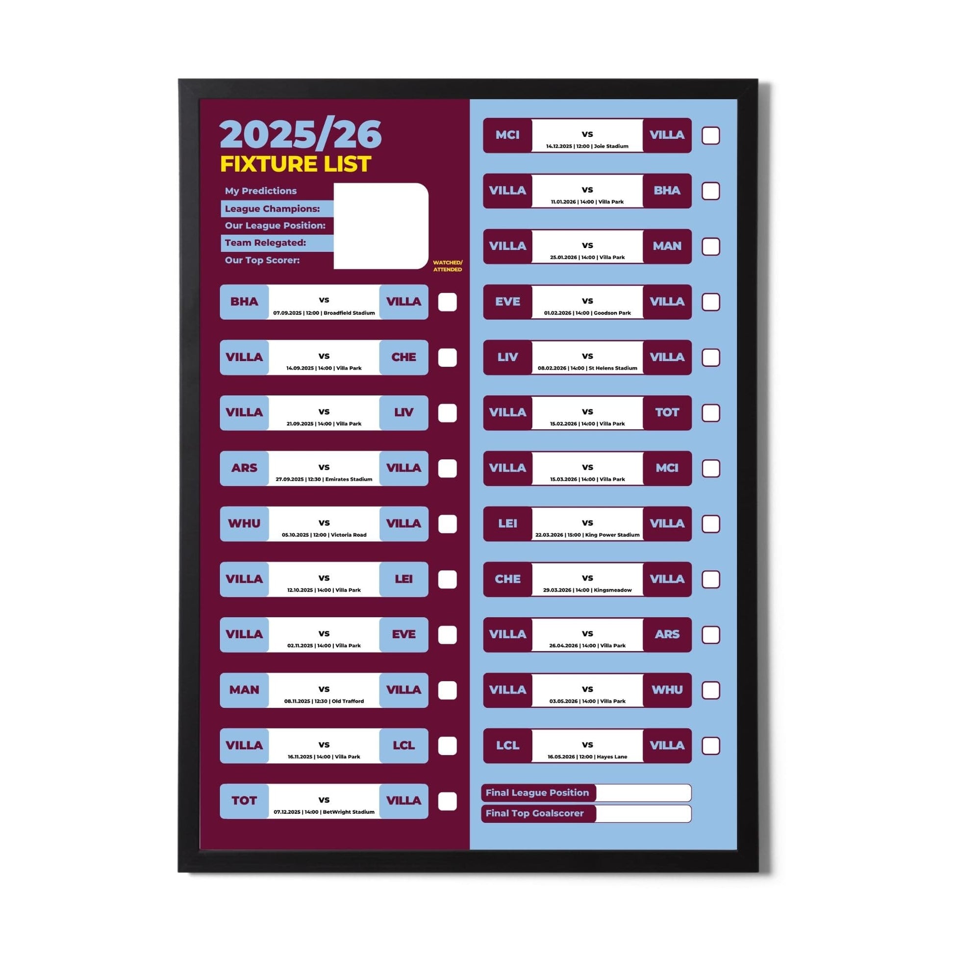 Women's Super League Clubs - 2025/26 Football Fixture Poster - A3 Size (29.7x42cm)