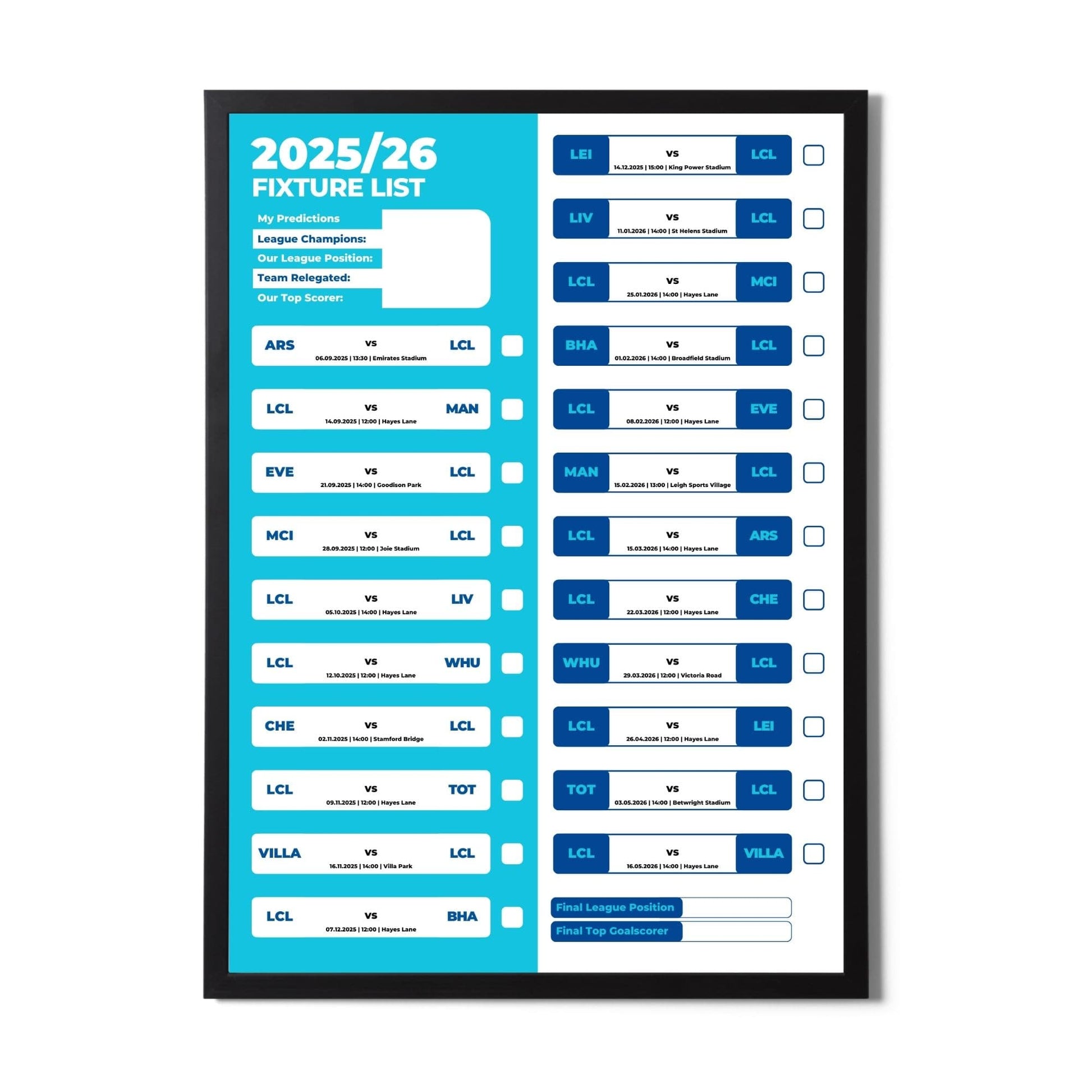Women's Super League Clubs - 2025/26 Football Fixture Poster - A3 Size (29.7x42cm)
