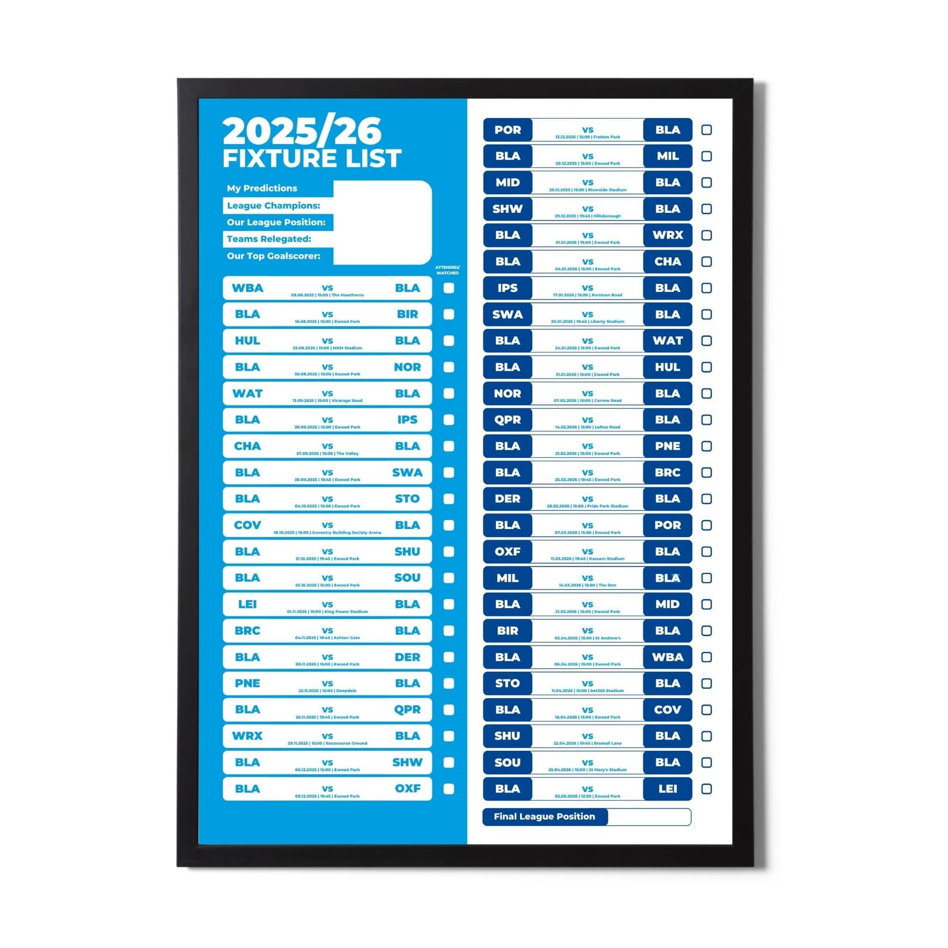 Championship Clubs - 2025/26 Football Fixture Poster - A3 Size (29.7x42cm)