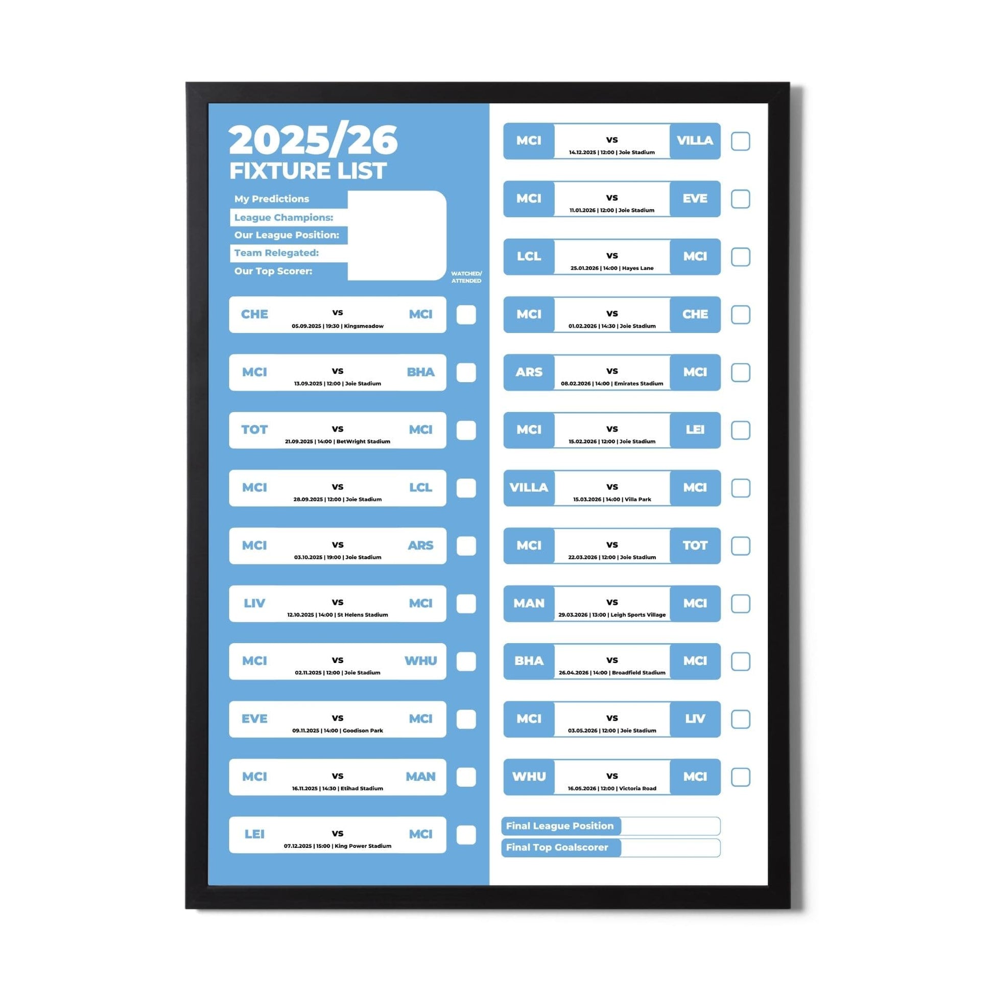 Women's Super League Clubs - 2025/26 Football Fixture Poster - A3 Size (29.7x42cm)
