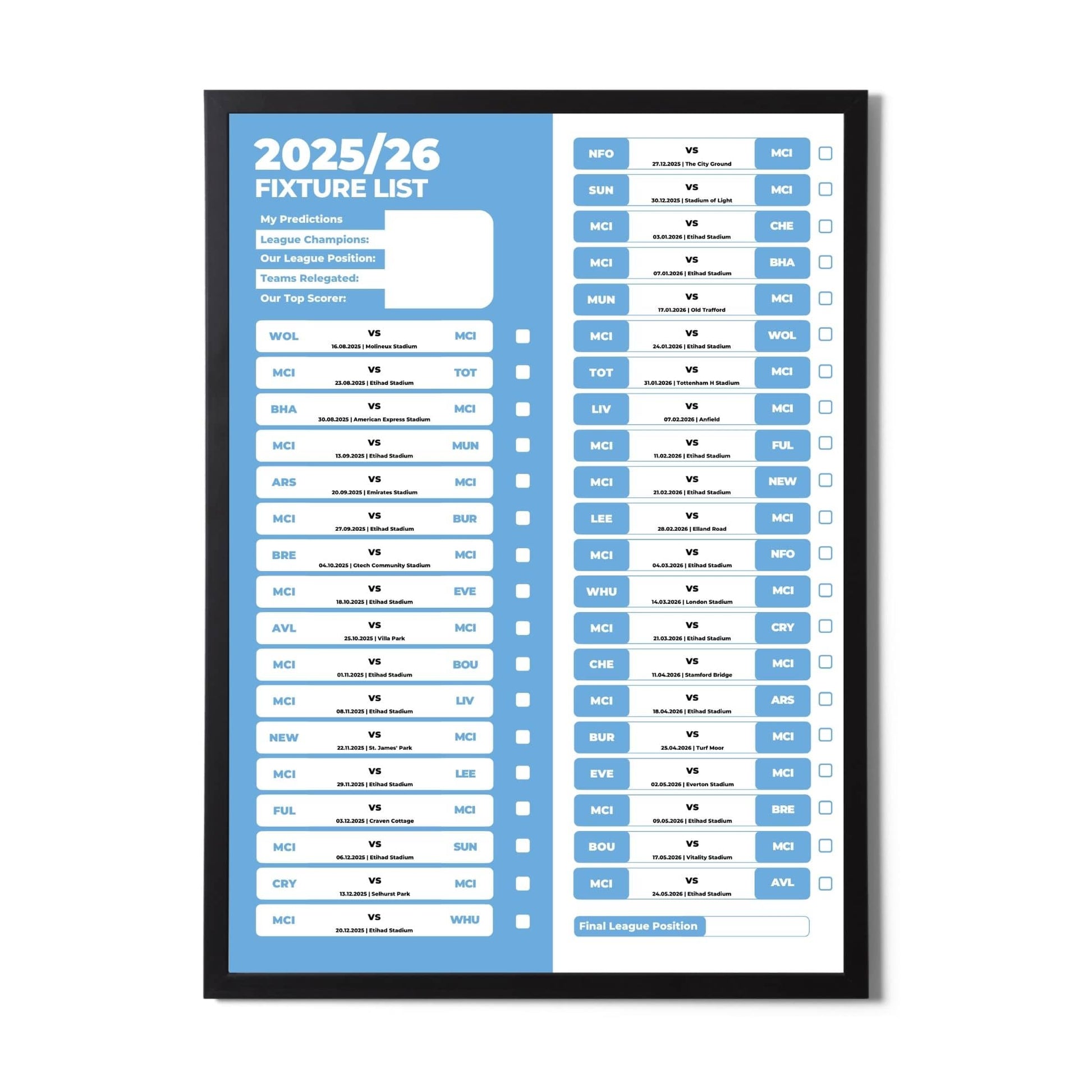 Premier League Clubs - 2025/26 Football Fixture Poster - A3 Size (29.7x42cm)