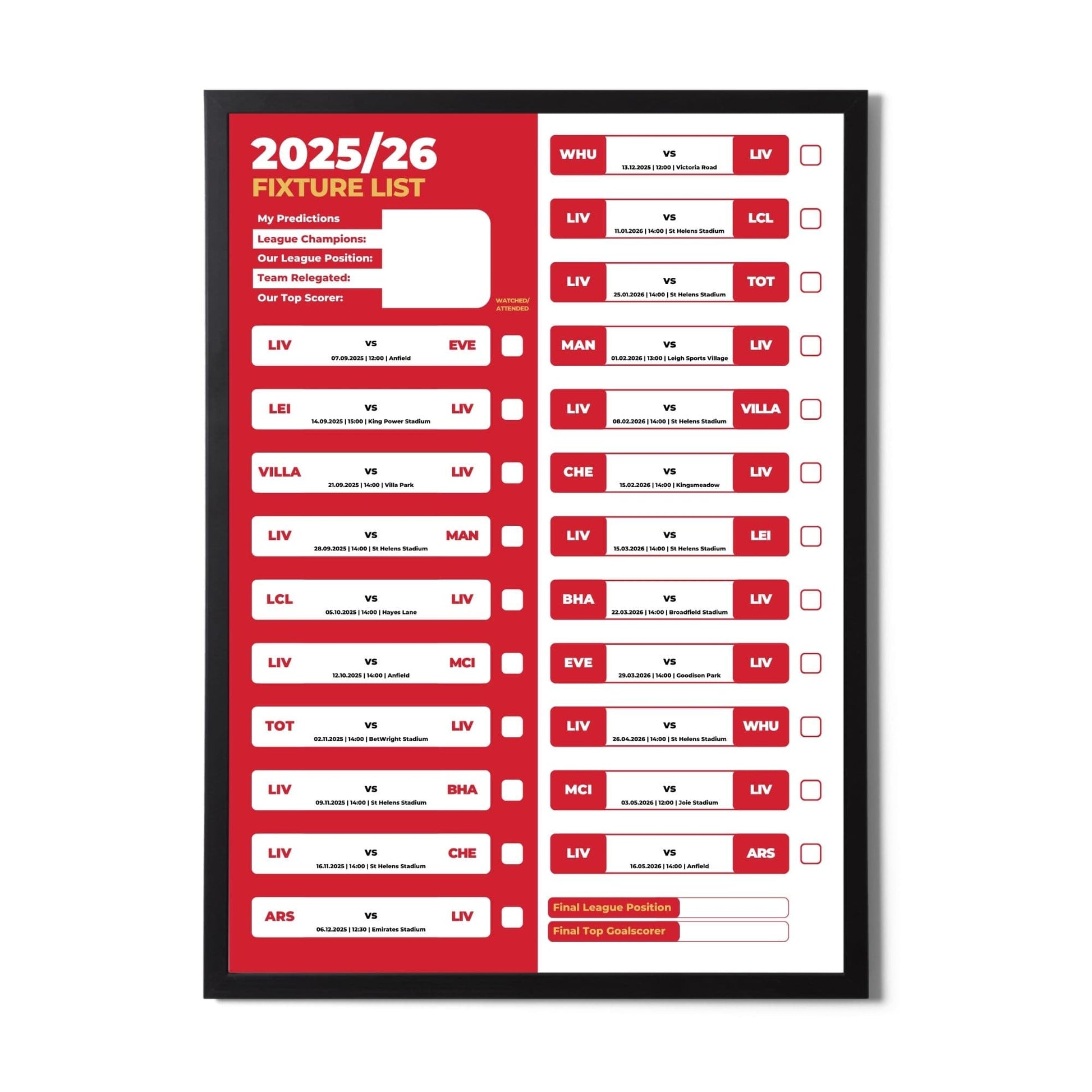 Women's Super League Clubs - 2025/26 Football Fixture Poster - A3 Size (29.7x42cm)