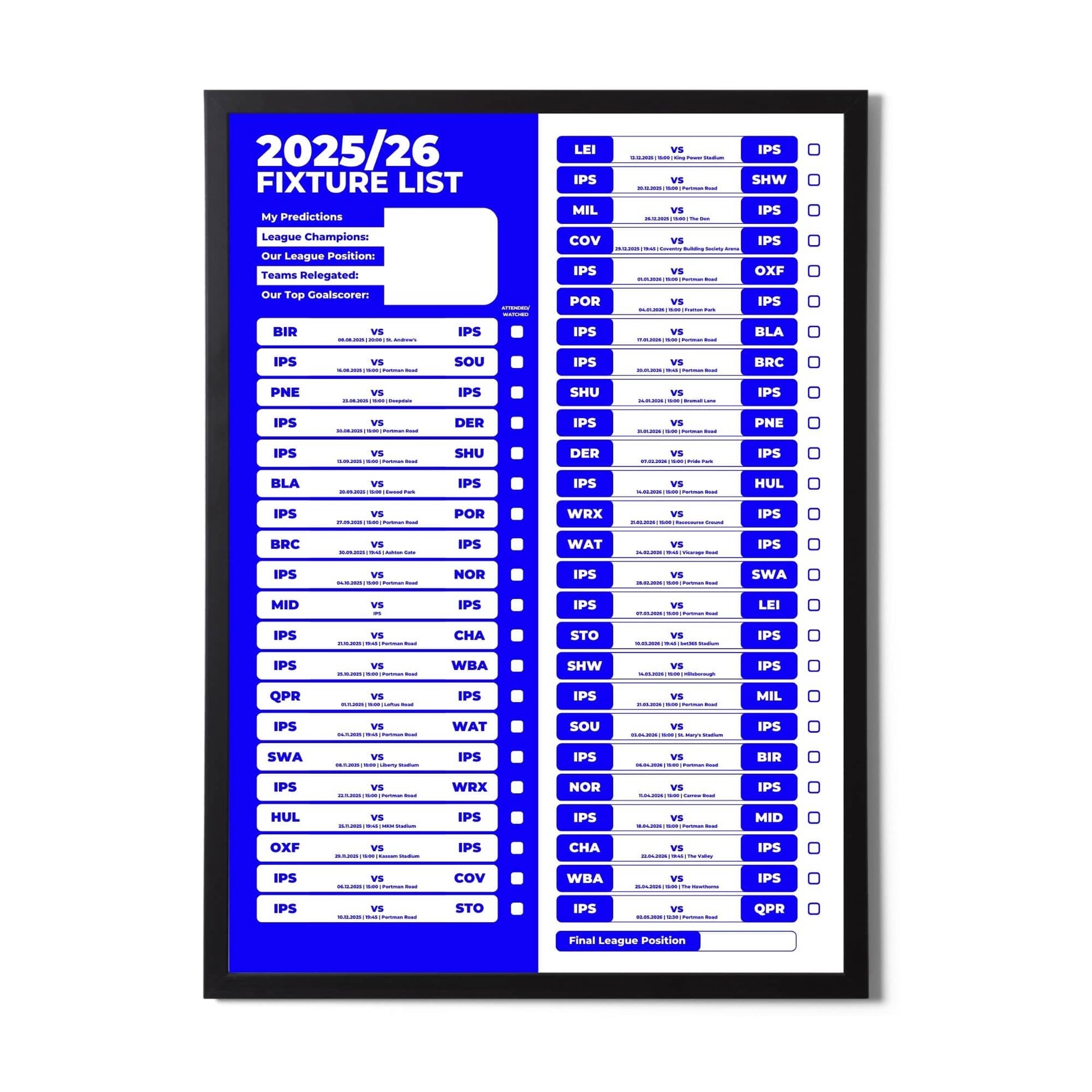 Championship Clubs - 2025/26 Football Fixture Poster - A3 Size (29.7x42cm)