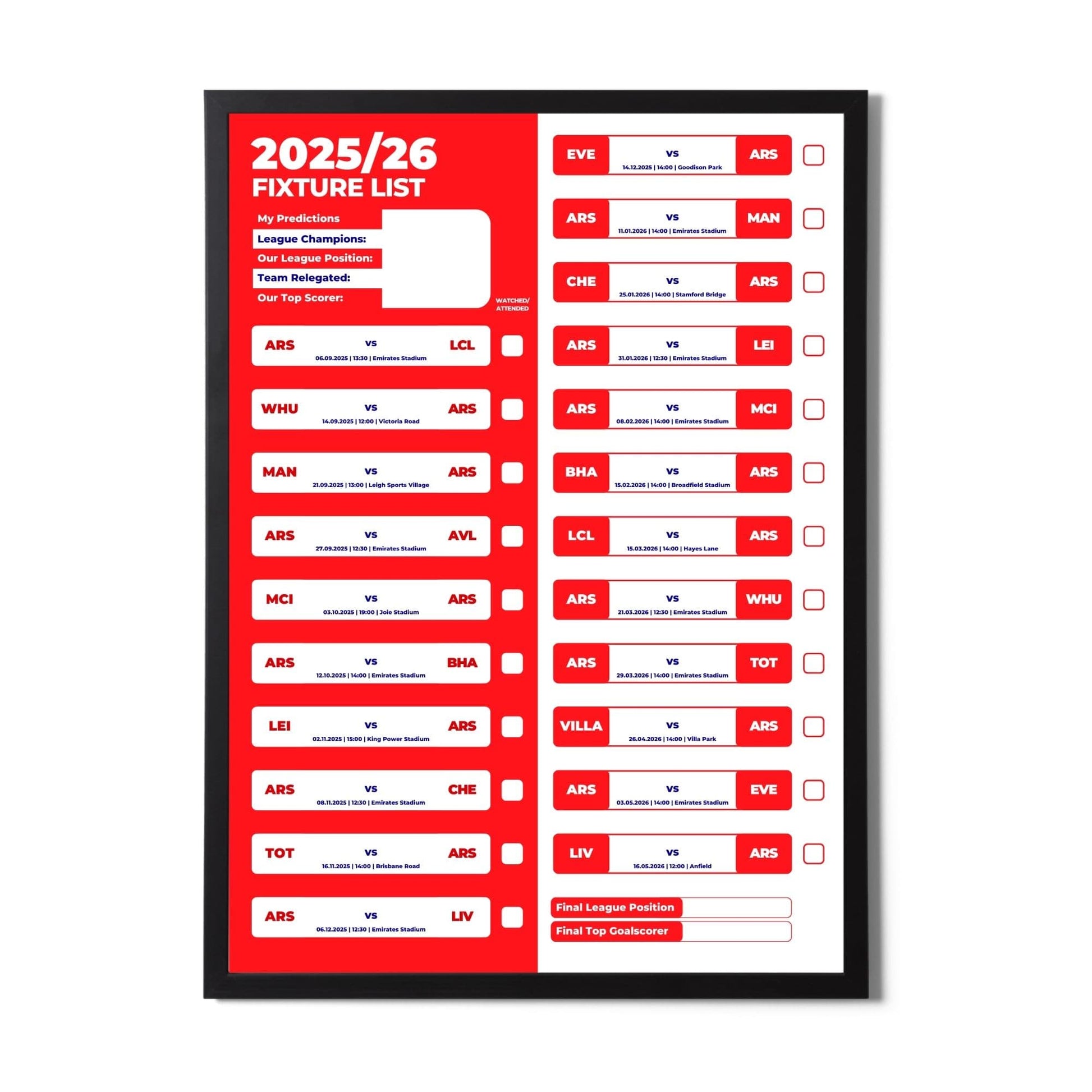 Women's Super League Clubs - 2025/26 Football Fixture Poster - A3 Size (29.7x42cm)