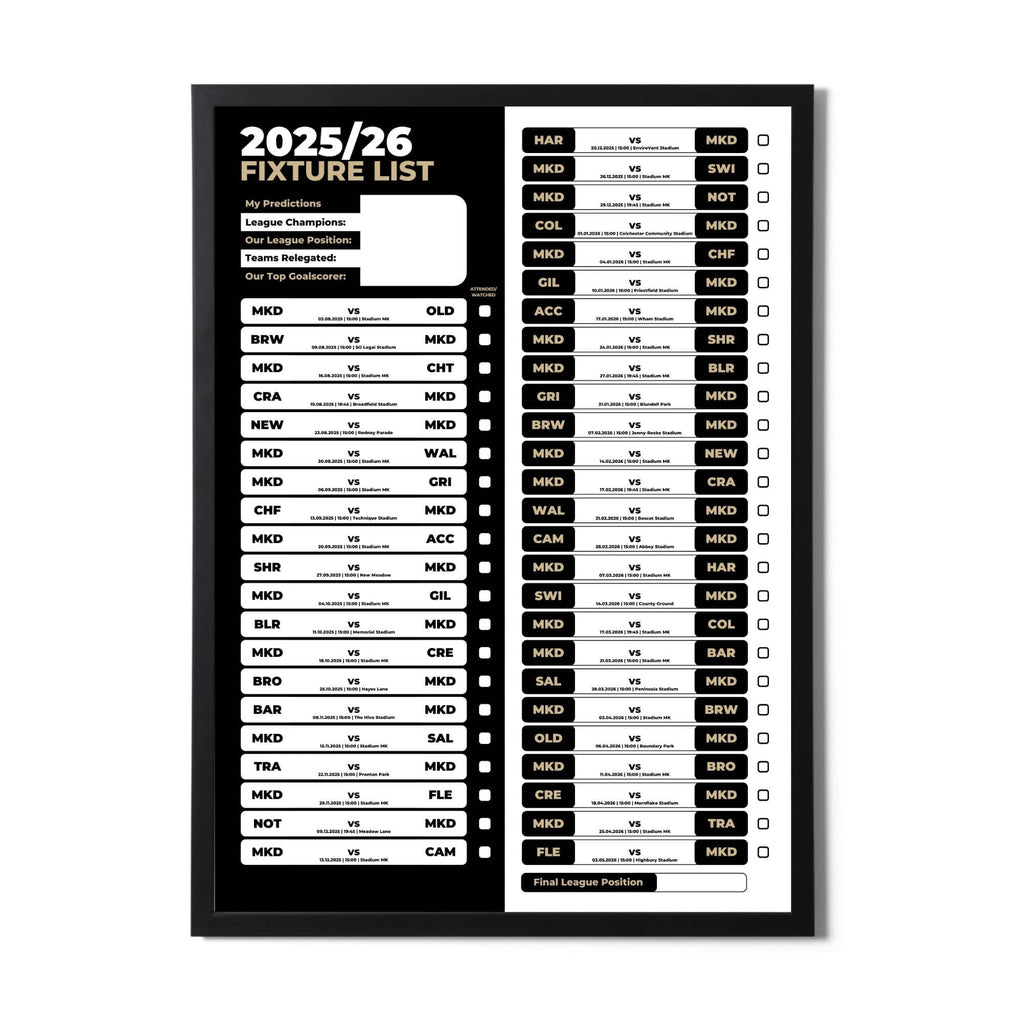 League 2 Clubs - 2025/26 Football Fixture Poster - A3 Size (29.7x42cm)