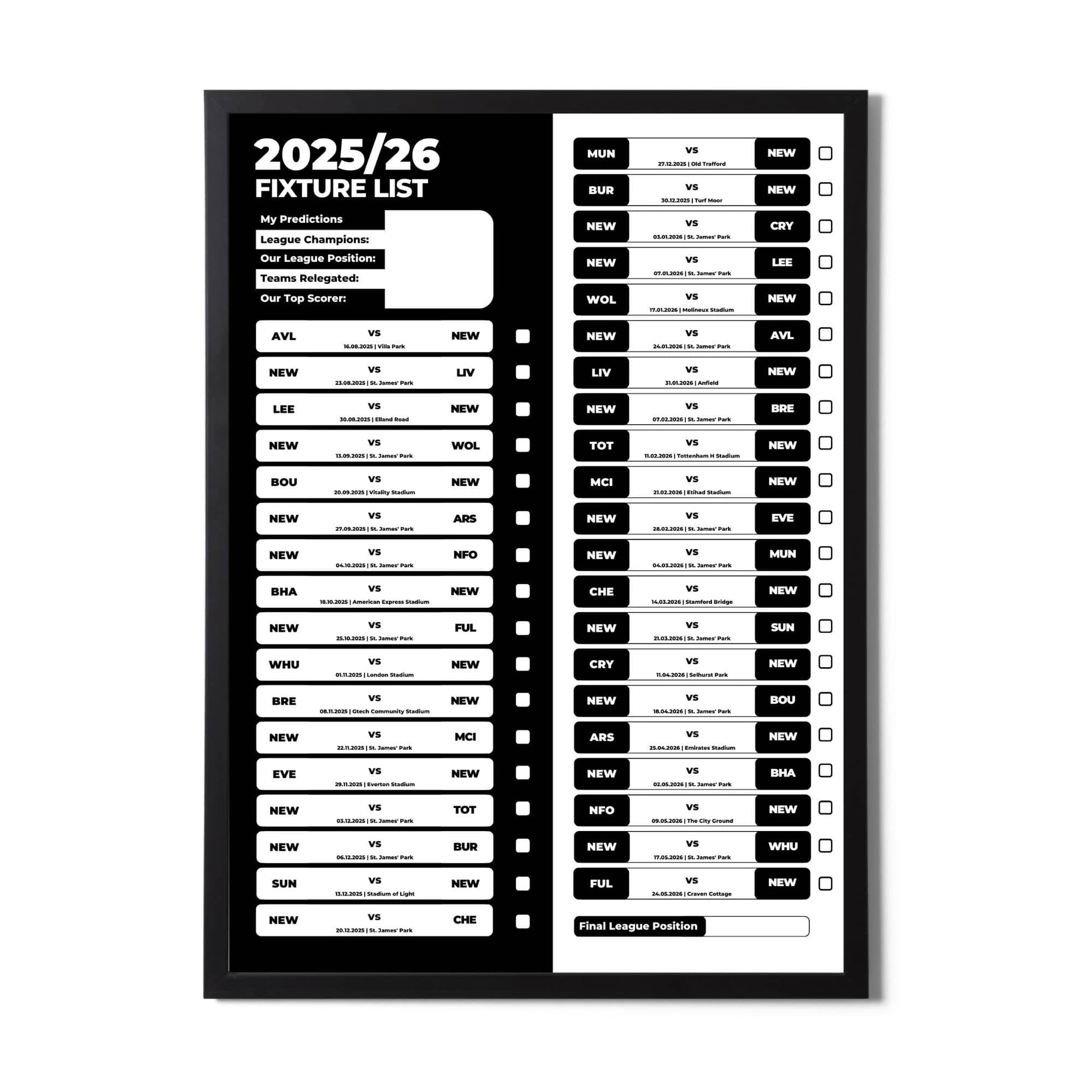Premier League Clubs - 2025/26 Football Fixture Poster - A3 Size (29.7x42cm)
