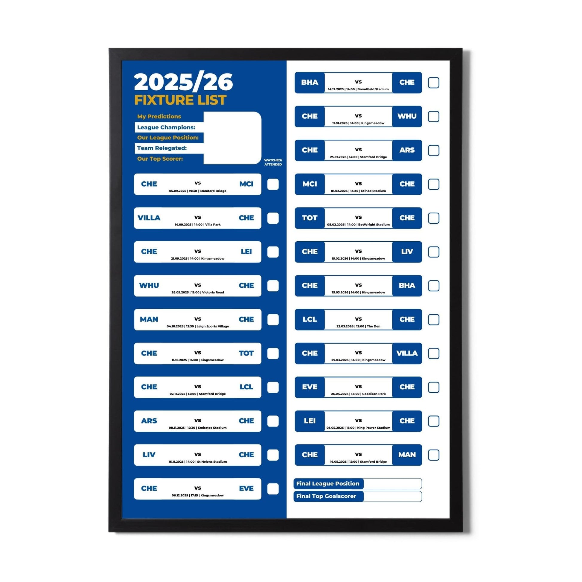 Women's Super League Clubs - 2025/26 Football Fixture Poster - A3 Size (29.7x42cm)
