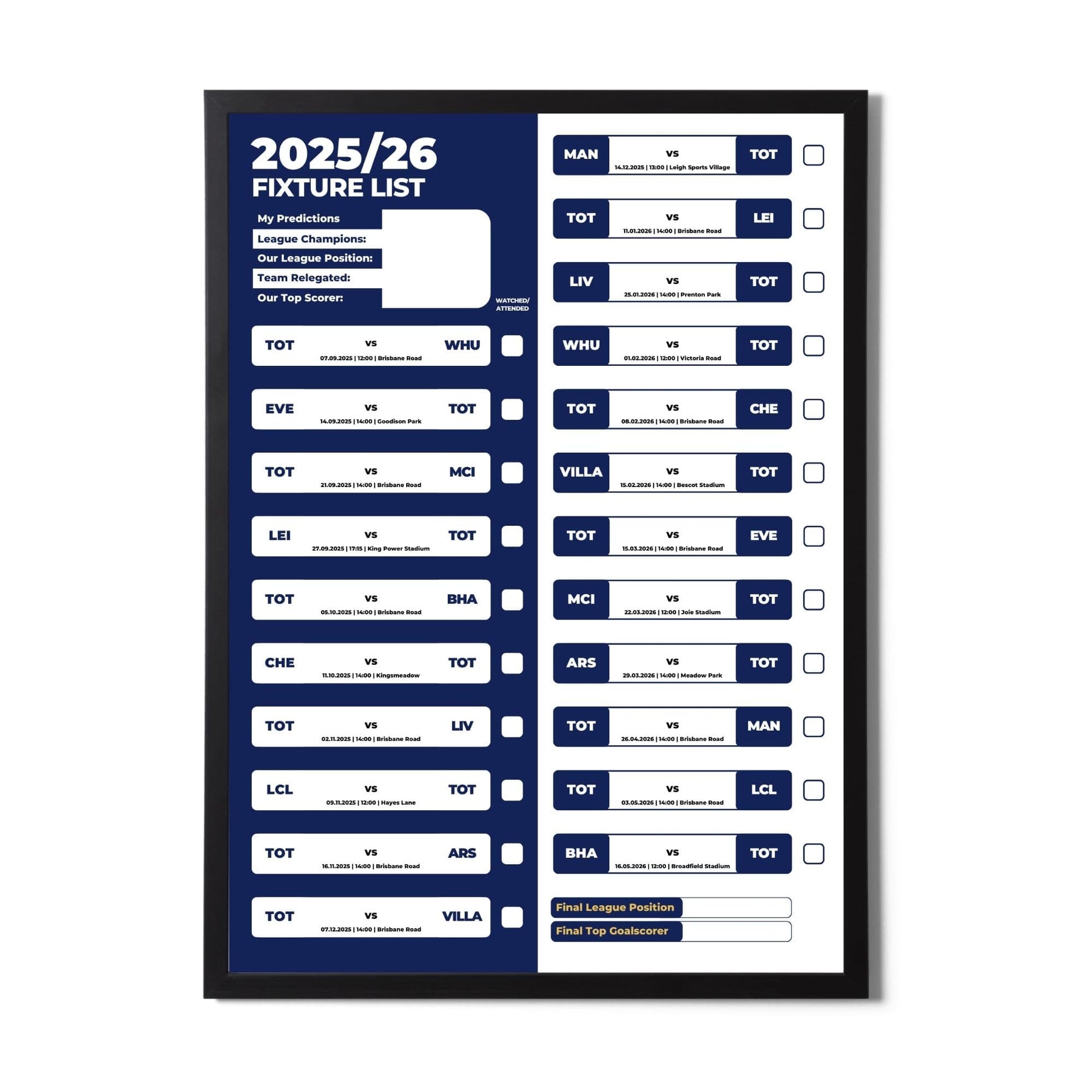 Women's Super League Clubs - 2025/26 Football Fixture Poster - A3 Size (29.7x42cm)