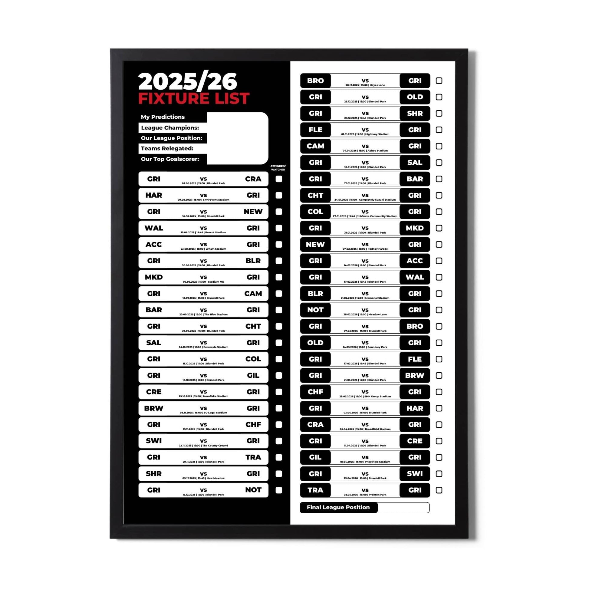 League 2 Clubs - 2025/26 Football Fixture Poster - A3 Size (29.7x42cm)