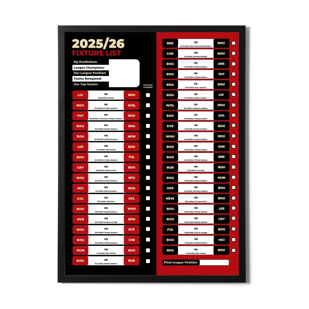 Premier League Clubs - 2025/26 Football Fixture Poster - A3 Size (29.7x42cm)