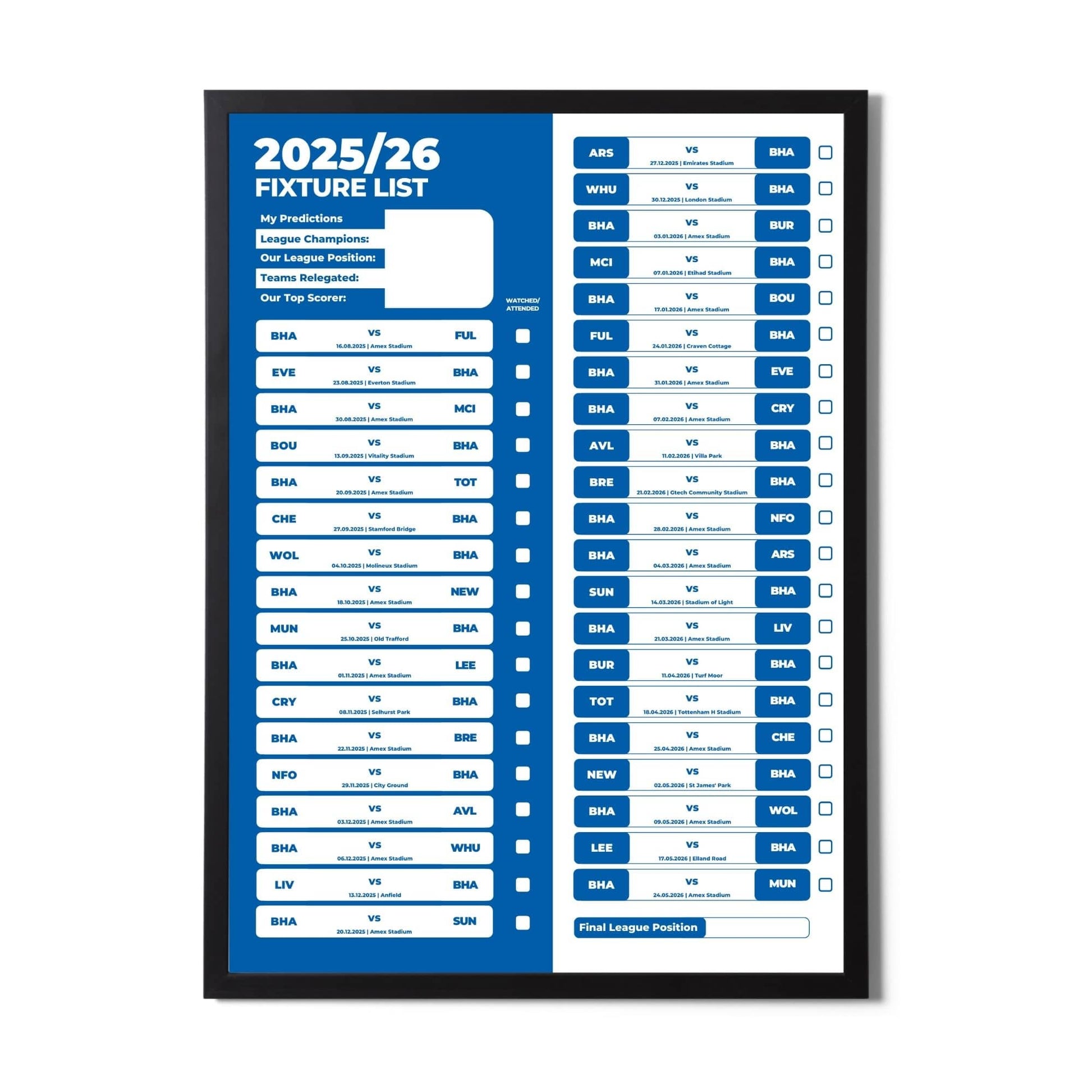 Premier League Clubs - 2025/26 Football Fixture Poster - A3 Size (29.7x42cm)