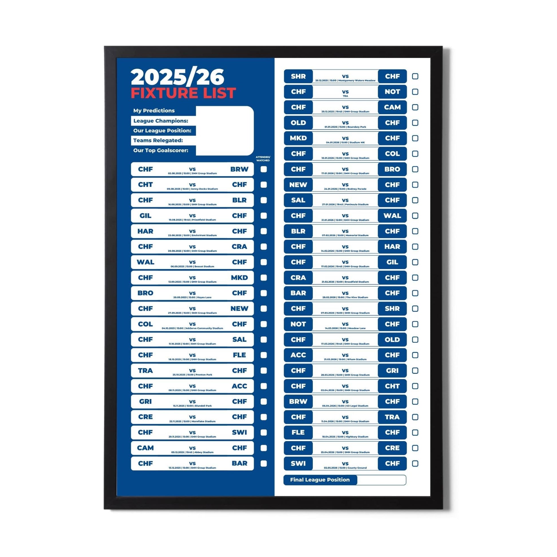 League 2 Clubs - 2025/26 Football Fixture Poster - A3 Size (29.7x42cm)