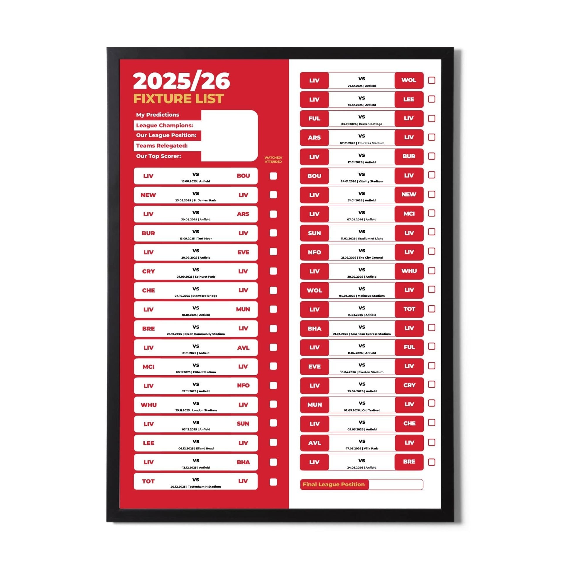 Premier League Clubs - 2025/26 Football Fixture Poster - A3 Size (29.7x42cm)