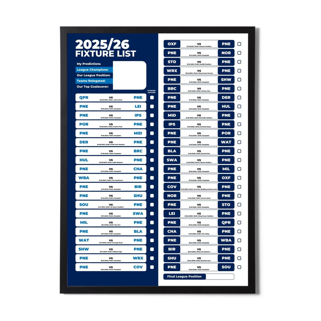 Championship Clubs - 2025/26 Football Fixture Poster - A3 Size (29.7x42cm)