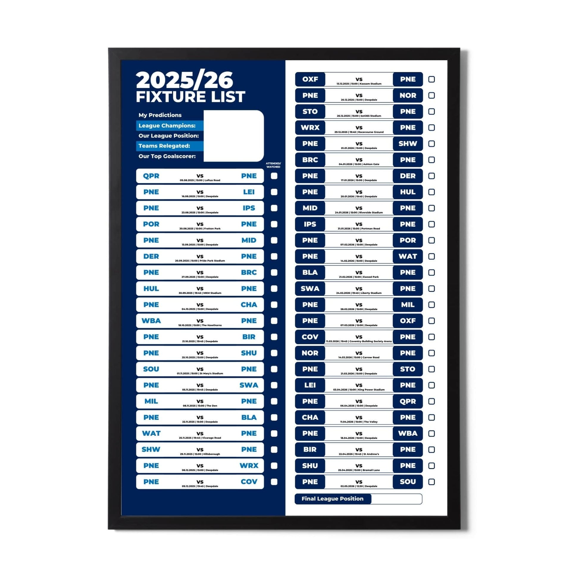 Championship Clubs - 2025/26 Football Fixture Poster - A3 Size (29.7x42cm)