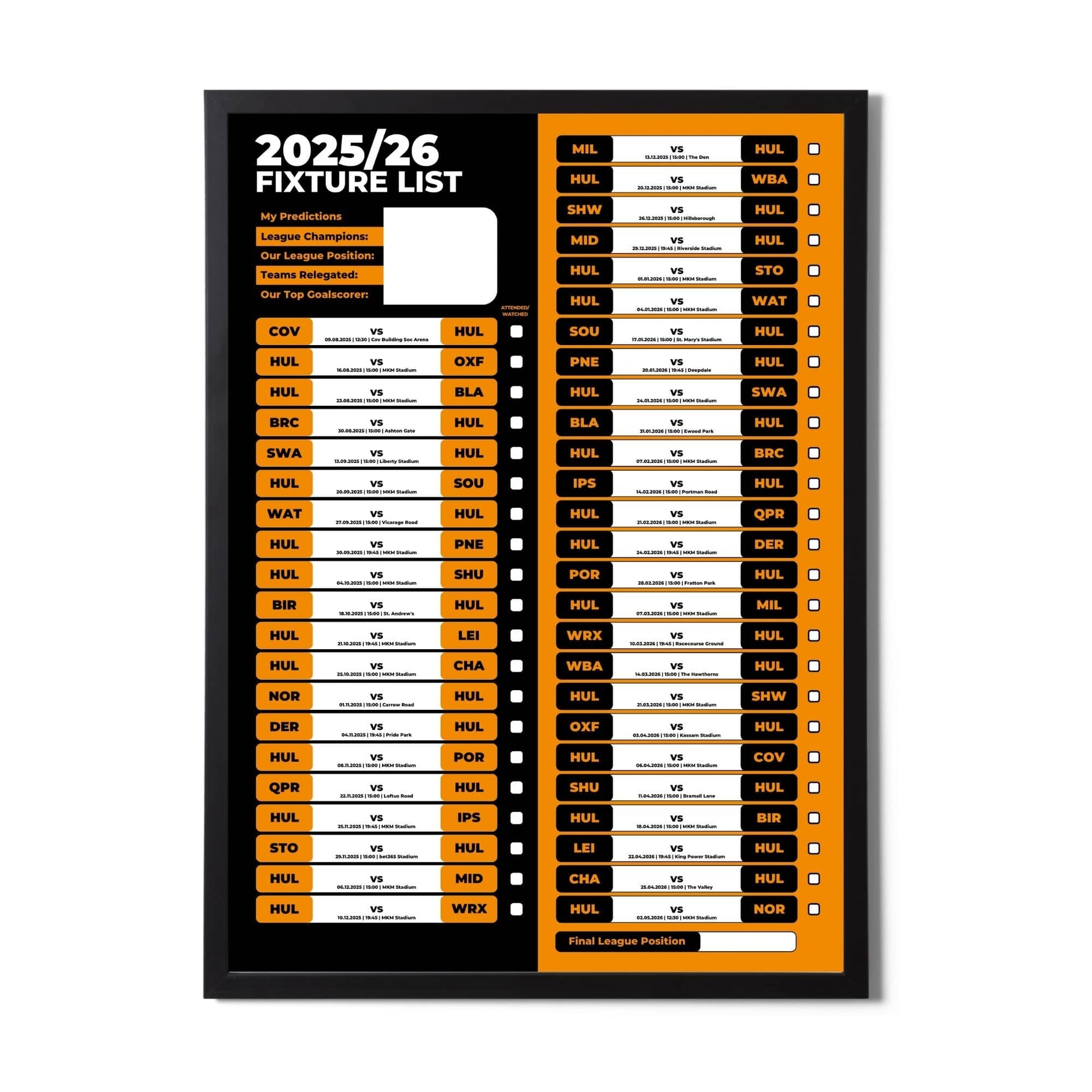 Championship Clubs - 2025/26 Football Fixture Poster - A3 Size (29.7x42cm)