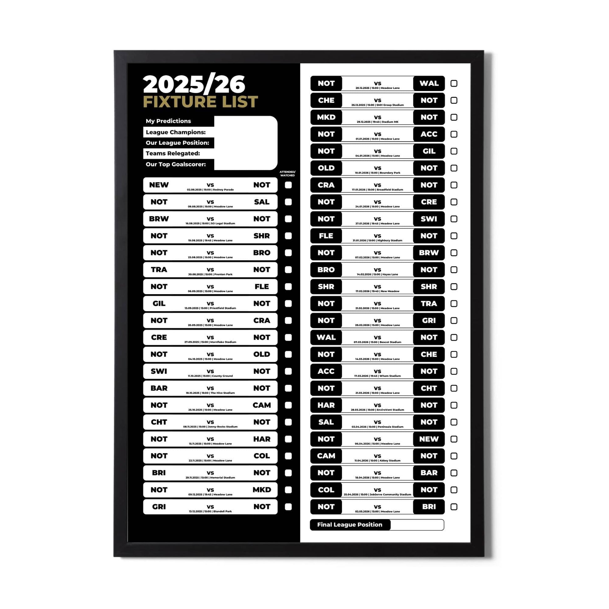 League 2 Clubs - 2025/26 Football Fixture Poster - A3 Size (29.7x42cm)