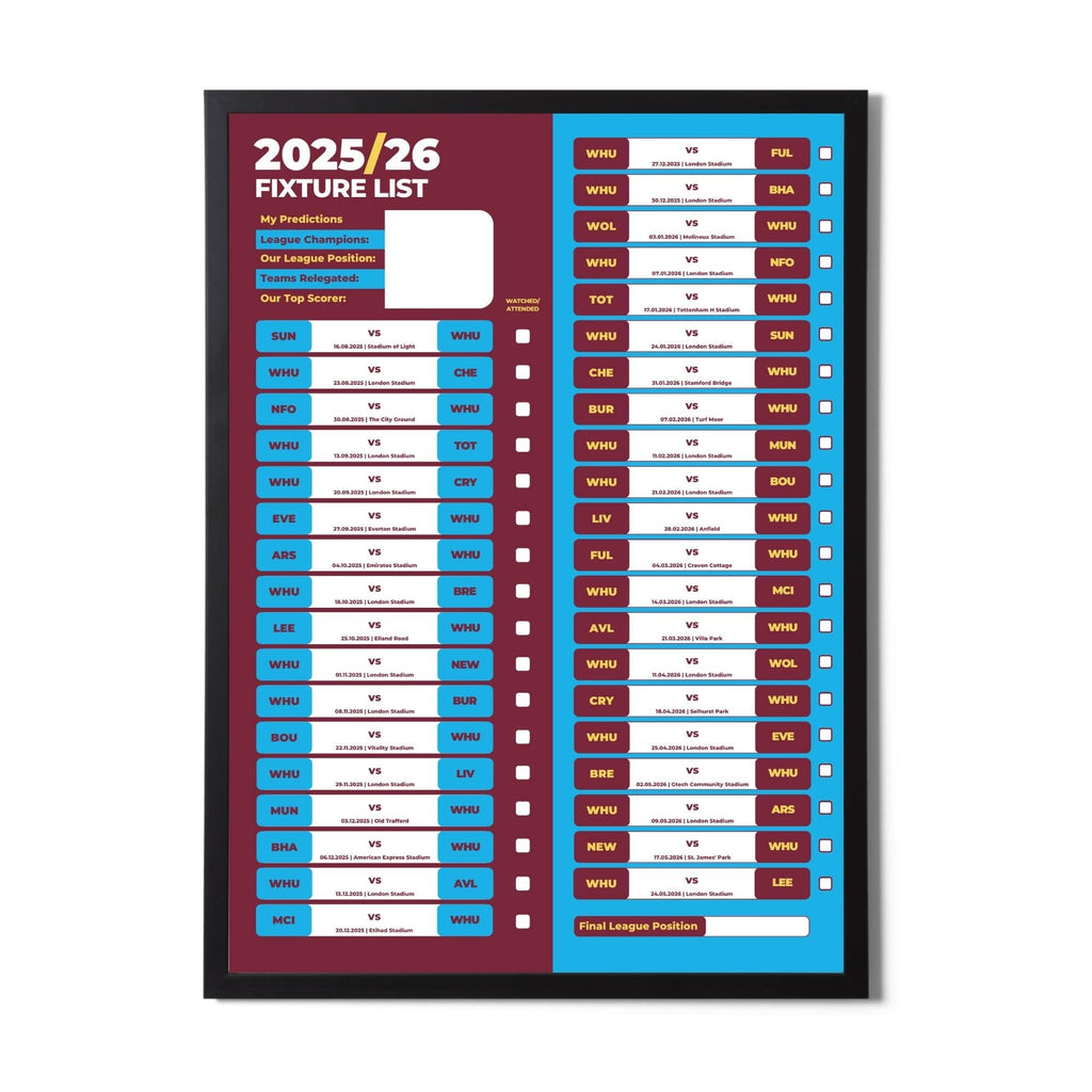 Premier League Clubs - 2025/26 Football Fixture Poster - A3 Size (29.7x42cm)