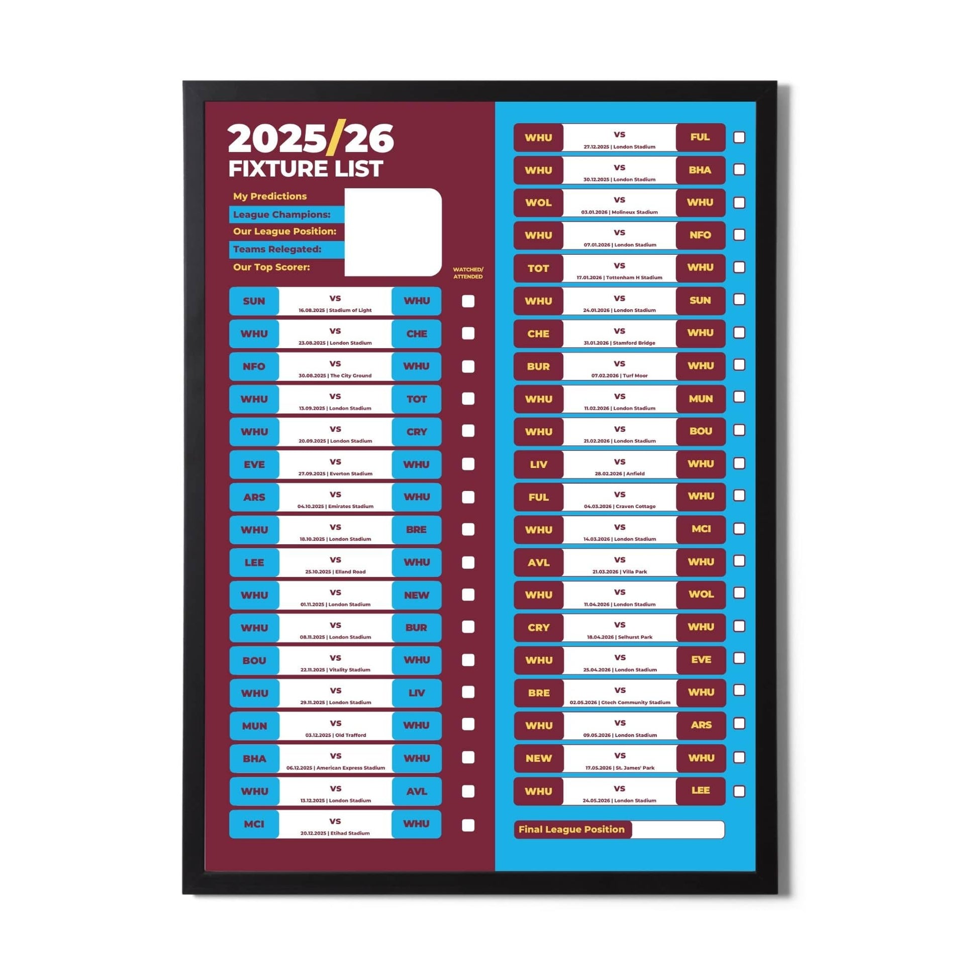 Premier League Clubs - 2025/26 Football Fixture Poster - A3 Size (29.7x42cm)