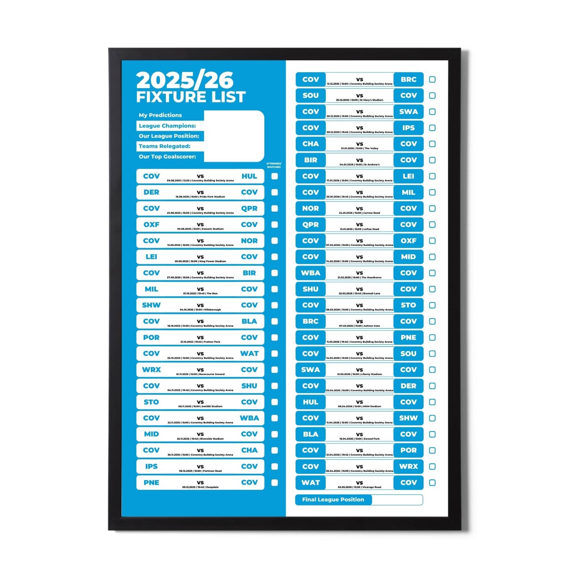 Championship Clubs - 2025/26 Football Fixture Poster - A3 Size (29.7x42cm)