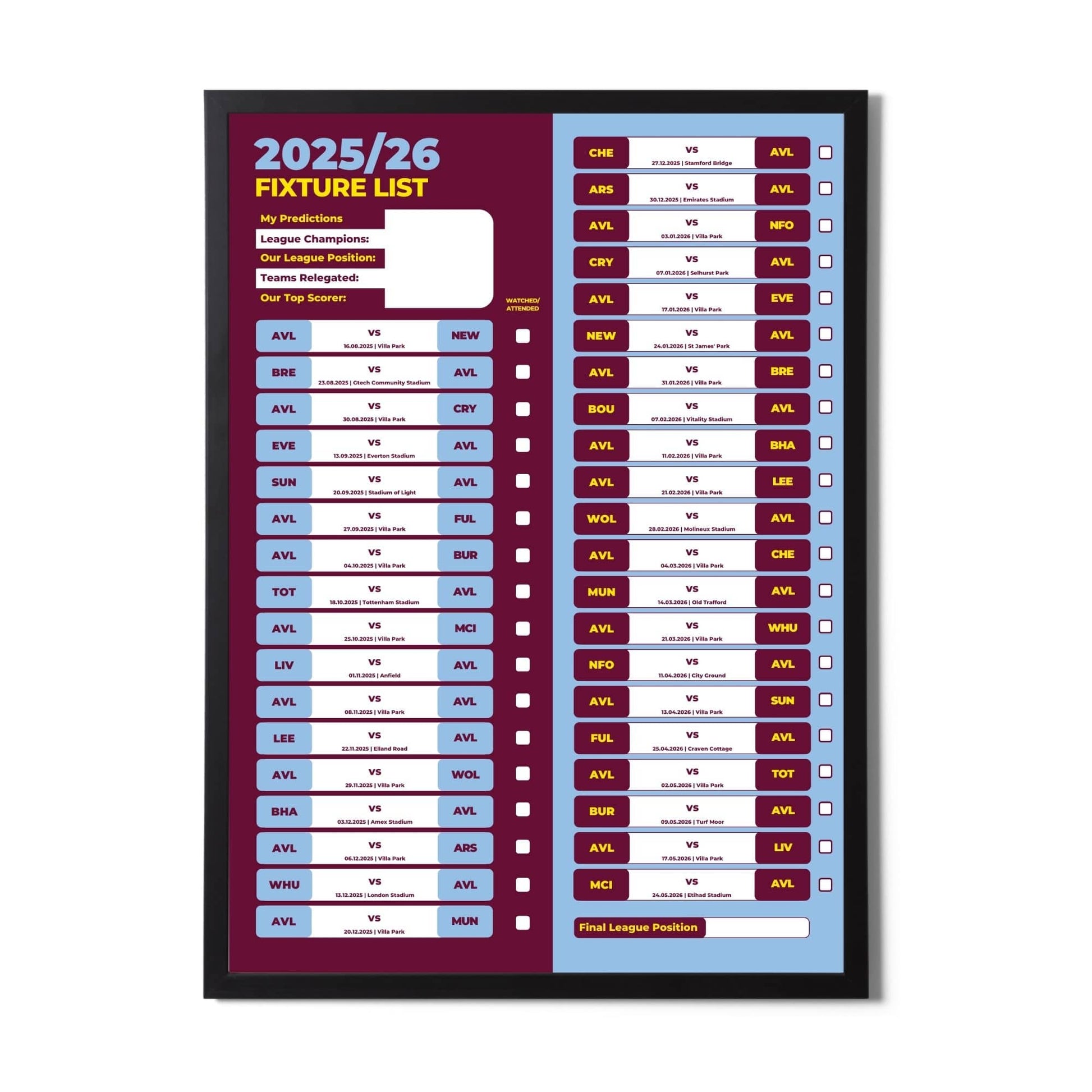 Premier League Clubs - 2025/26 Football Fixture Poster - A3 Size (29.7x42cm)