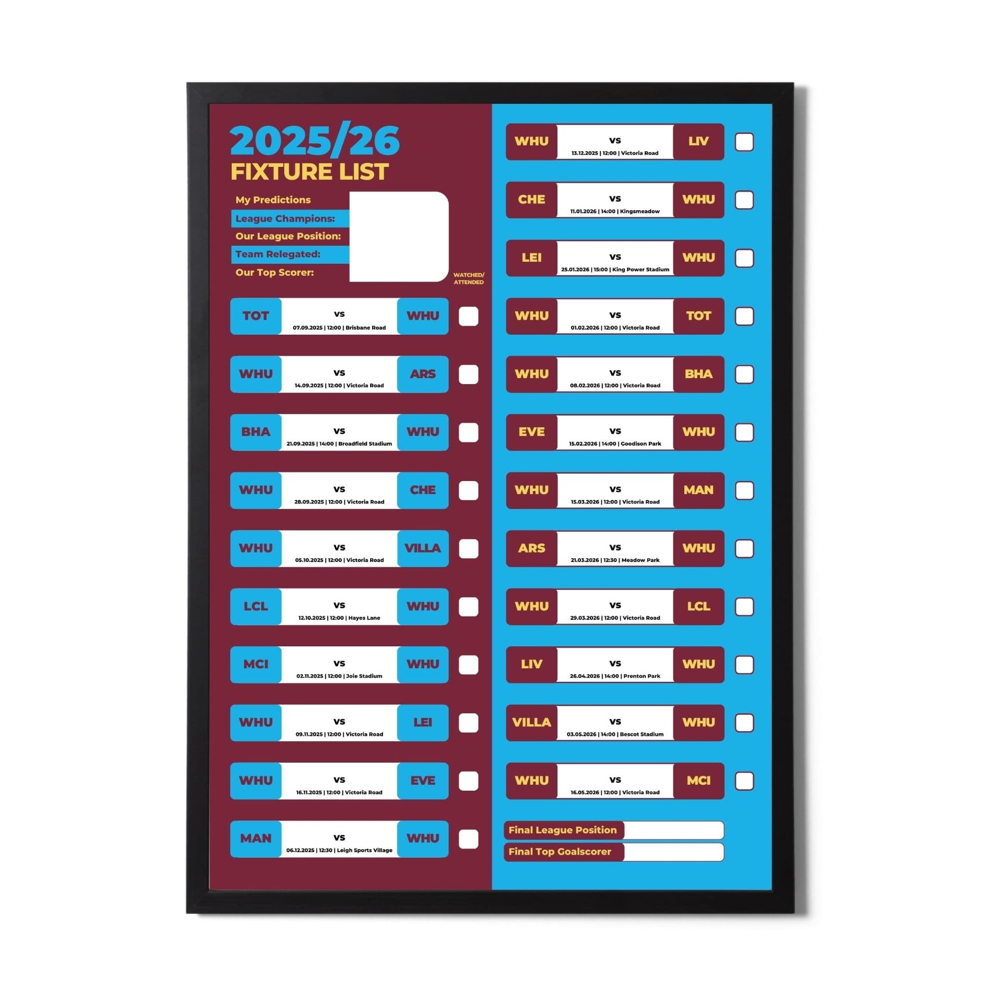 Women's Super League Clubs - 2025/26 Football Fixture Poster - A3 Size (29.7x42cm)