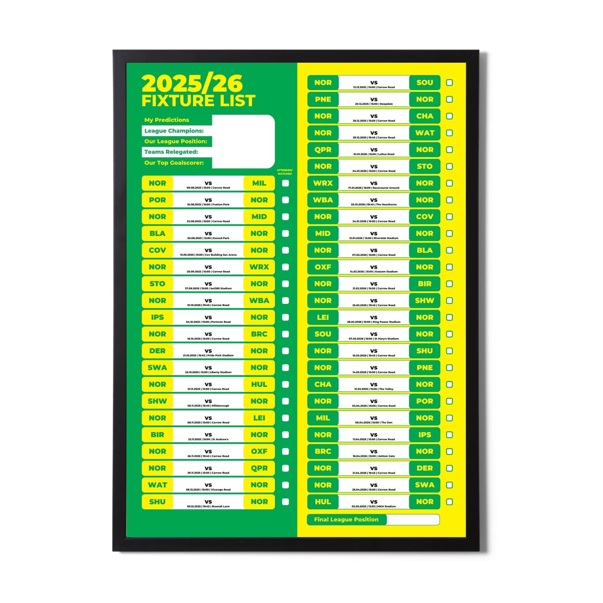 Championship Clubs - 2025/26 Football Fixture Poster - A3 Size (29.7x42cm)