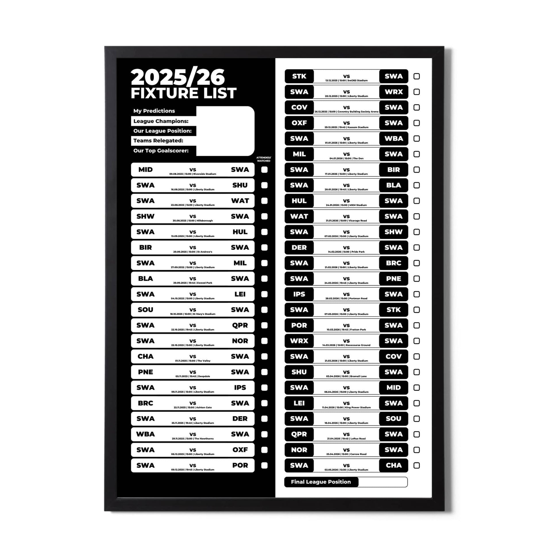 Championship Clubs - 2025/26 Football Fixture Poster - A3 Size (29.7x42cm)