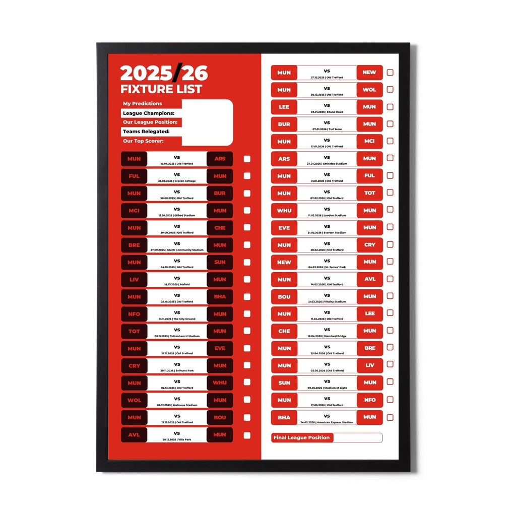 Premier League Clubs - 2025/26 Football Fixture Poster - A3 Size (29.7x42cm)