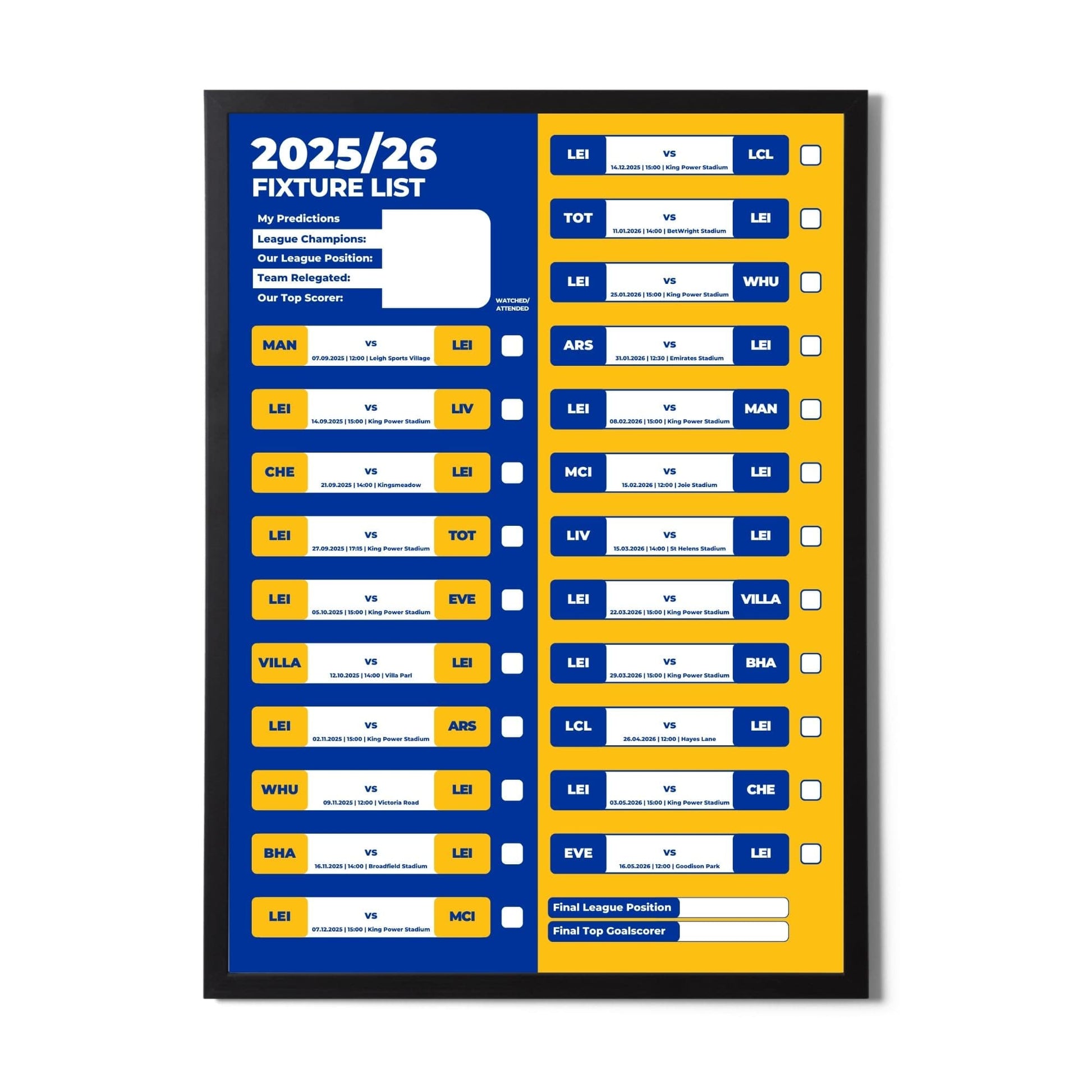 Women's Super League Clubs - 2025/26 Football Fixture Poster - A3 Size (29.7x42cm)