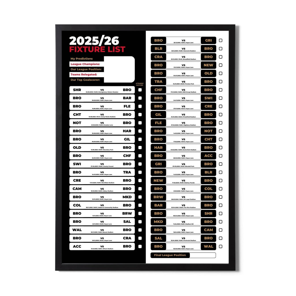 League 2 Clubs - 2025/26 Football Fixture Poster - A3 Size (29.7x42cm)