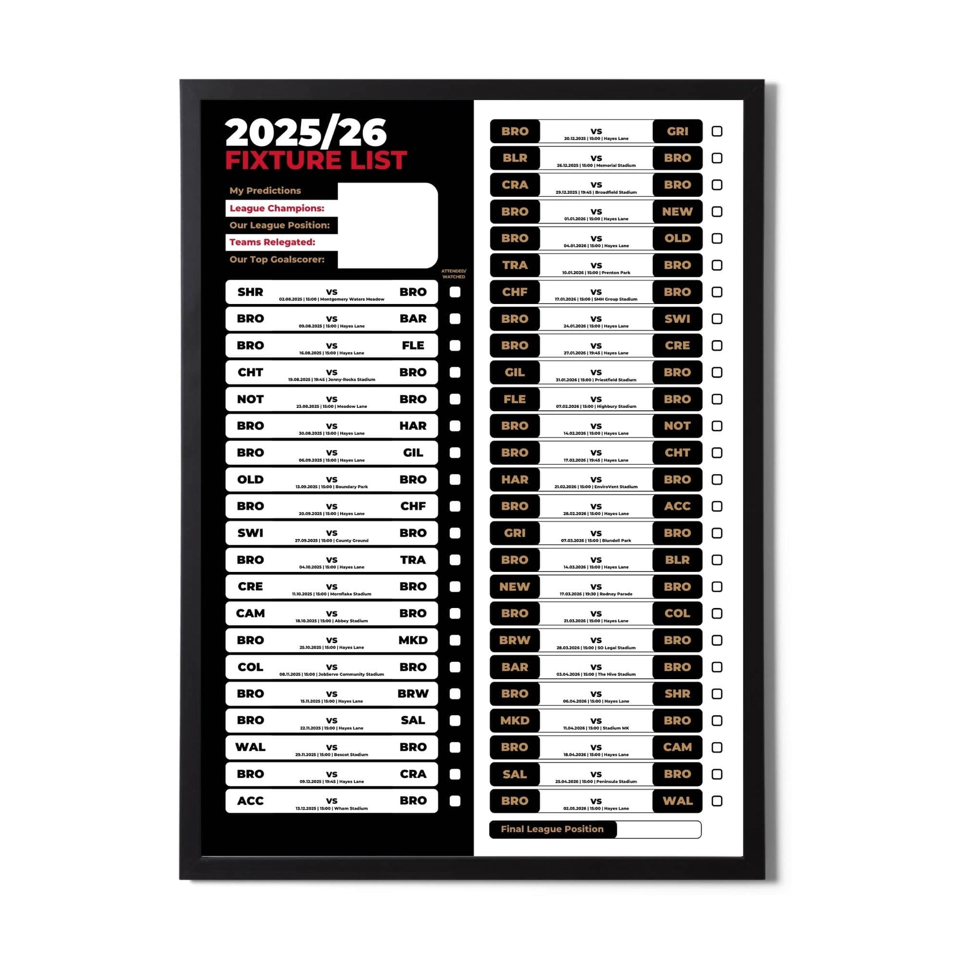 League 2 Clubs - 2025/26 Football Fixture Poster - A3 Size (29.7x42cm)